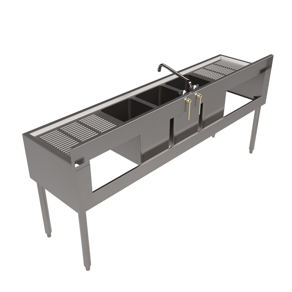 Rear angled view of BK Resources UB4-18-372TS underbar sink showing adjustable side bracing and overflow tube connections