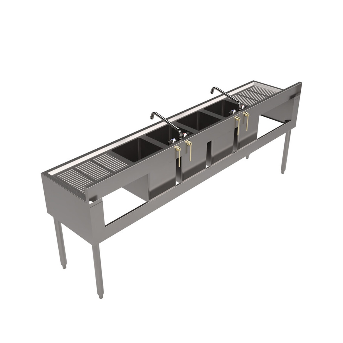 BK Resources UB4-18-484TS four-compartment underbar sink rear angled view showing open leg structure, drainboards, and stainless steel frame on white background