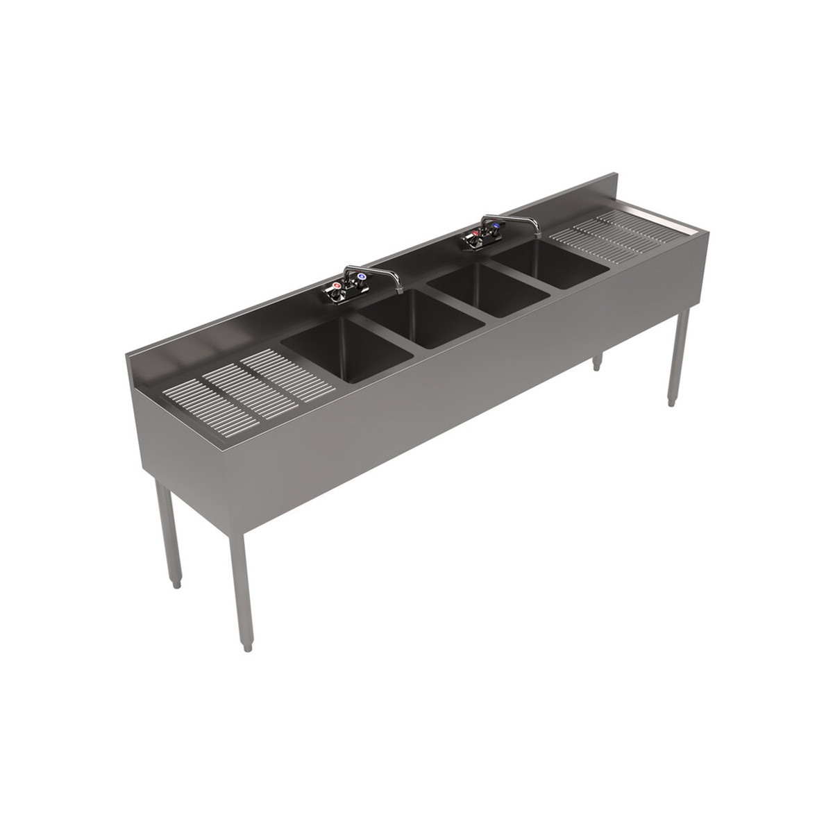 BK Resources UB4-18-484TS four-compartment underbar sink with dual drainboards, stainless steel legs, and faucets, angled view on white background