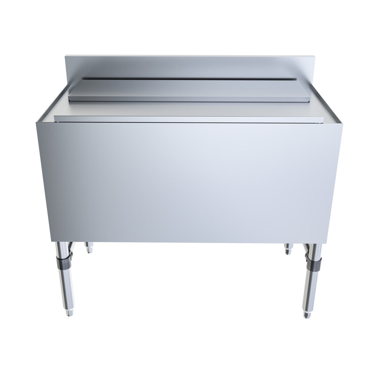 BK Resources underbar ice bin straight front view showing backsplash and stainless exterior