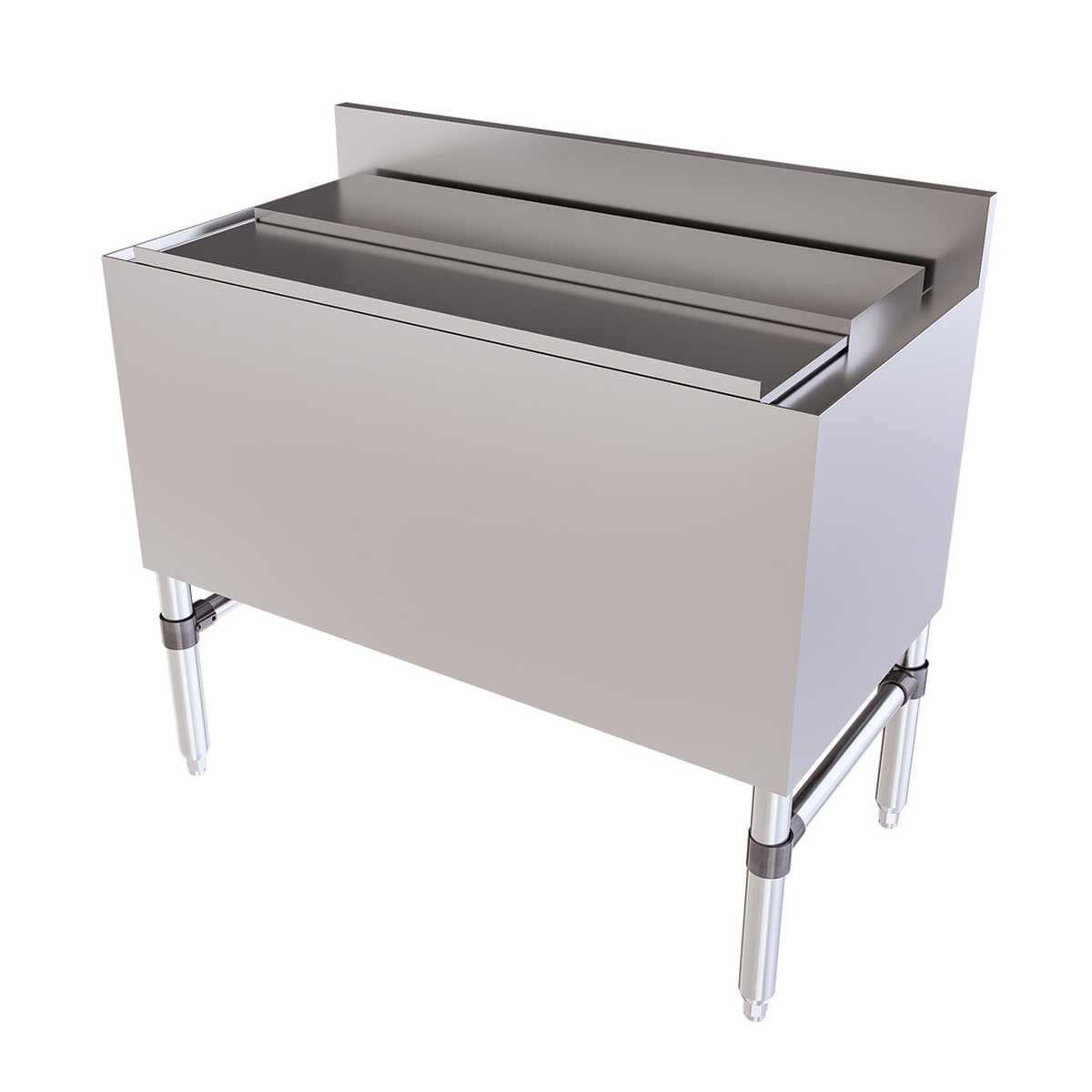 BK Resources underbar ice bin angled view with lid partially open revealing insulated bin interior