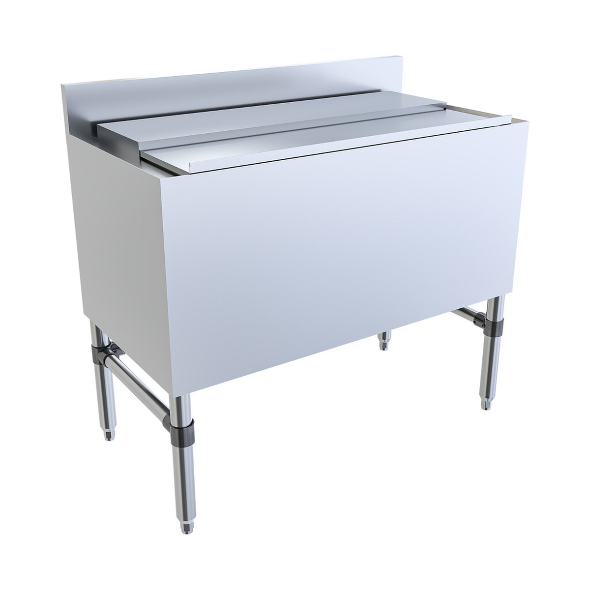 BK Resources UB4-18-IBCP36-8 underbar ice bin angled view with sliding lid and stainless legs