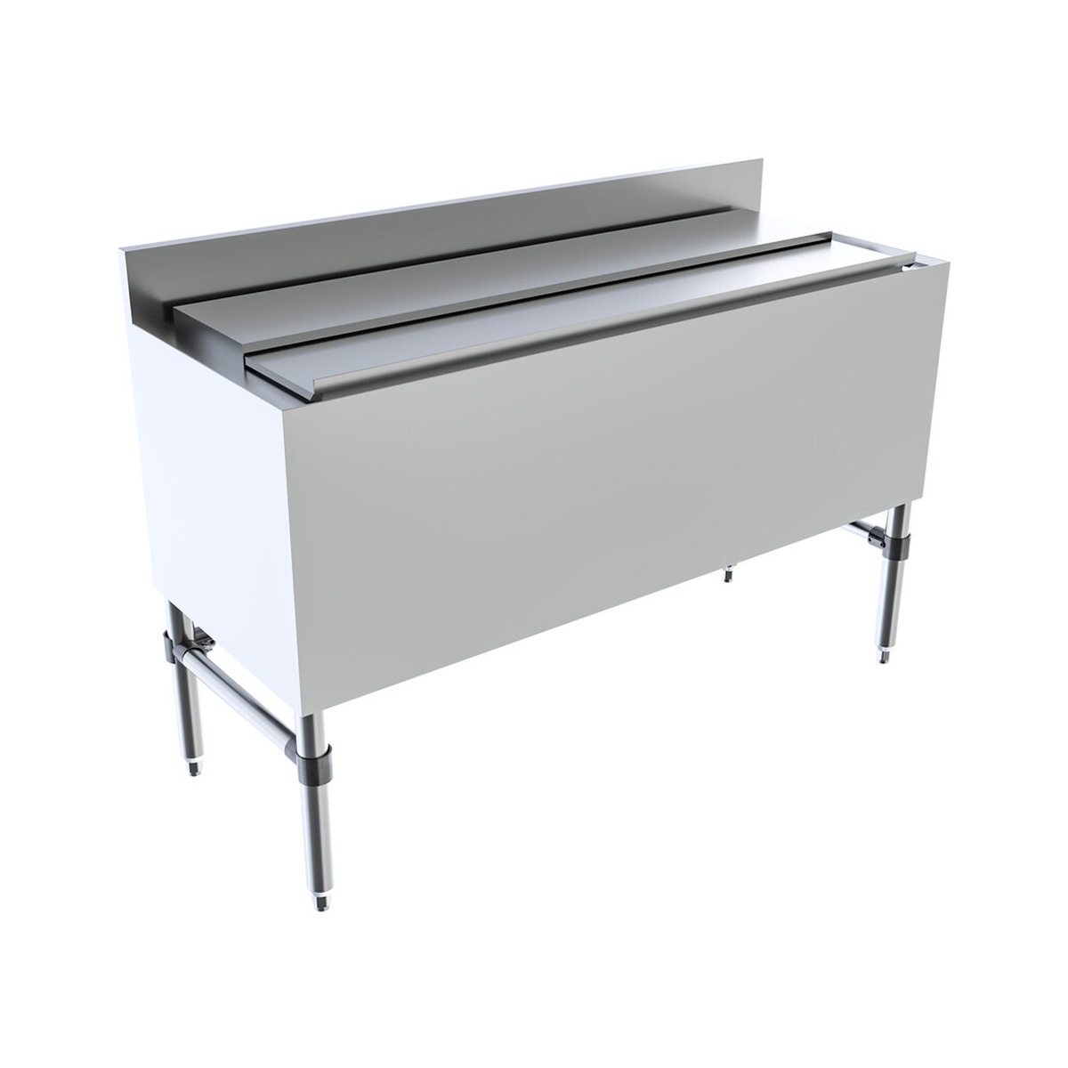 BK Resources UB4-18-IBCP48-8 underbar ice bin angled front view with sliding lid and stainless steel legs