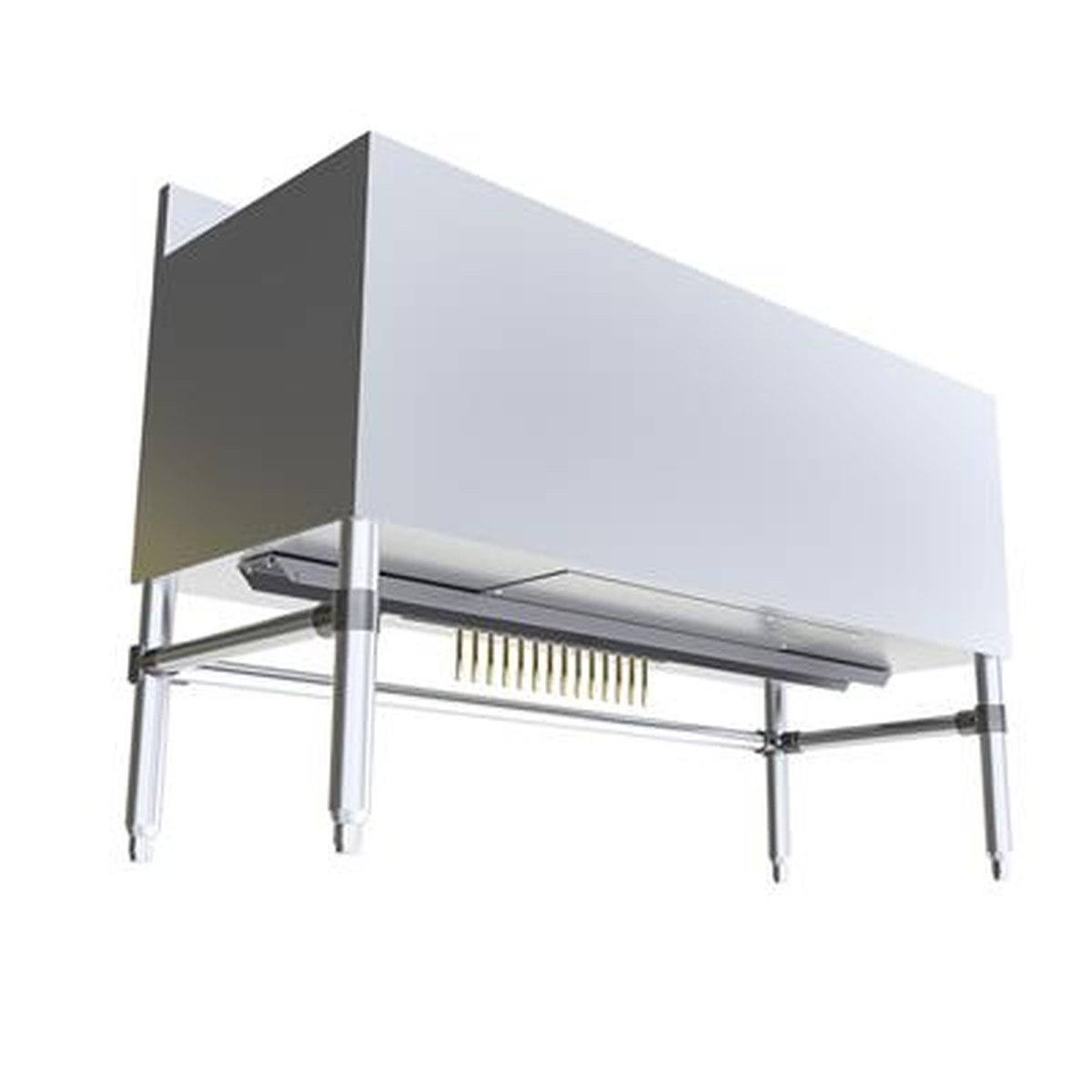 BK Resources underbar ice bin underside view revealing the 8-circuit aluminum cold plate and leg assembly