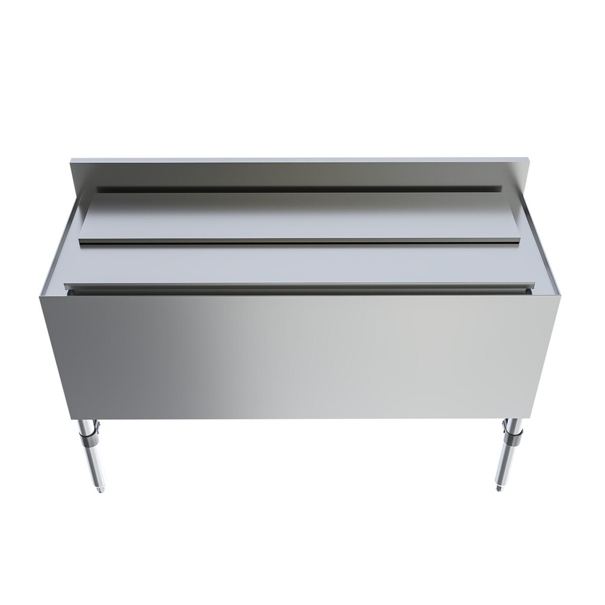 BK Resources underbar ice bin front view showing full-width stainless steel panel and sliding lid