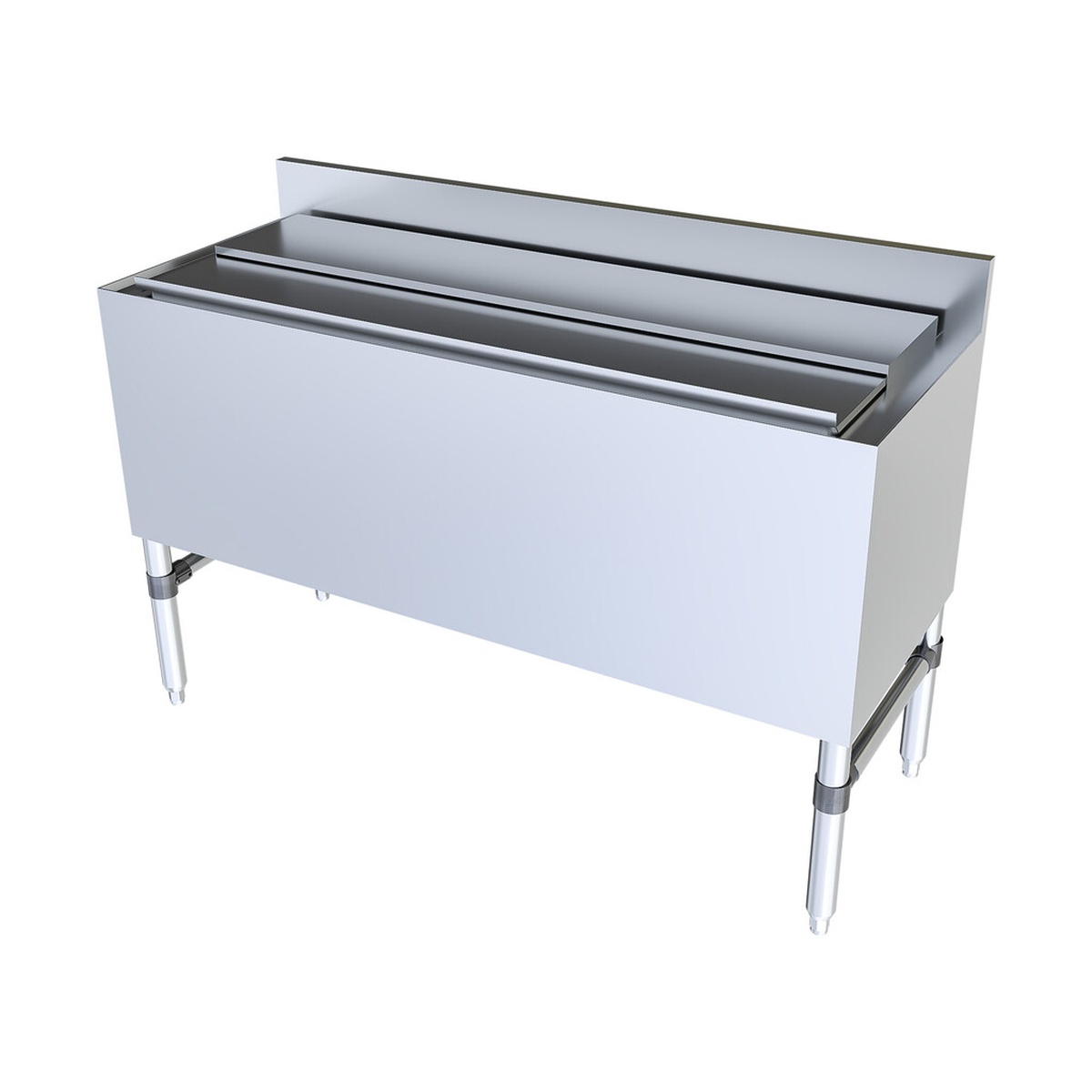 BK Resources underbar ice bin angled view from above showing open bin interior and backsplash
