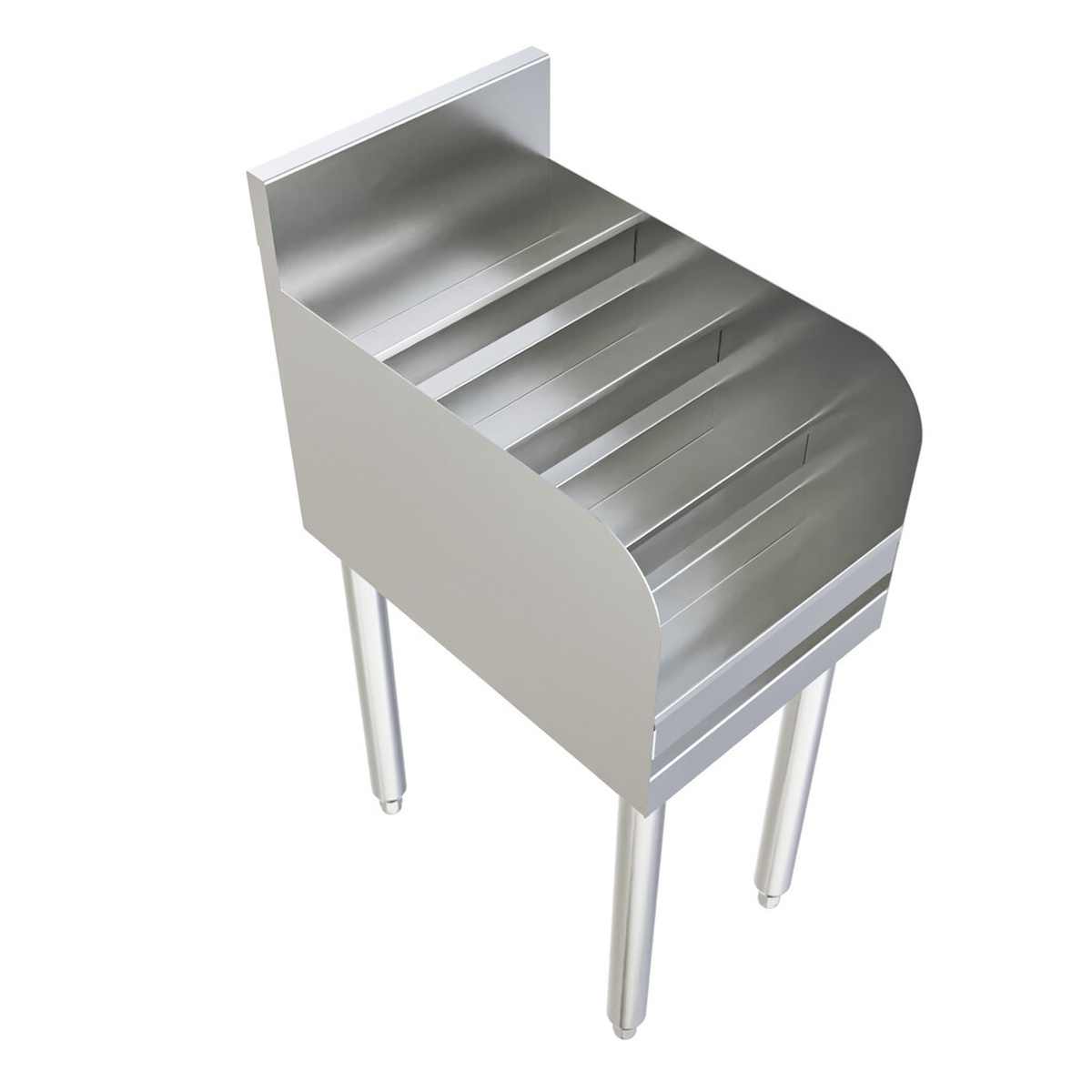 BK Resources UB4-18-LD18 four-step stainless steel underbar liquor display rack, three-quarter front view