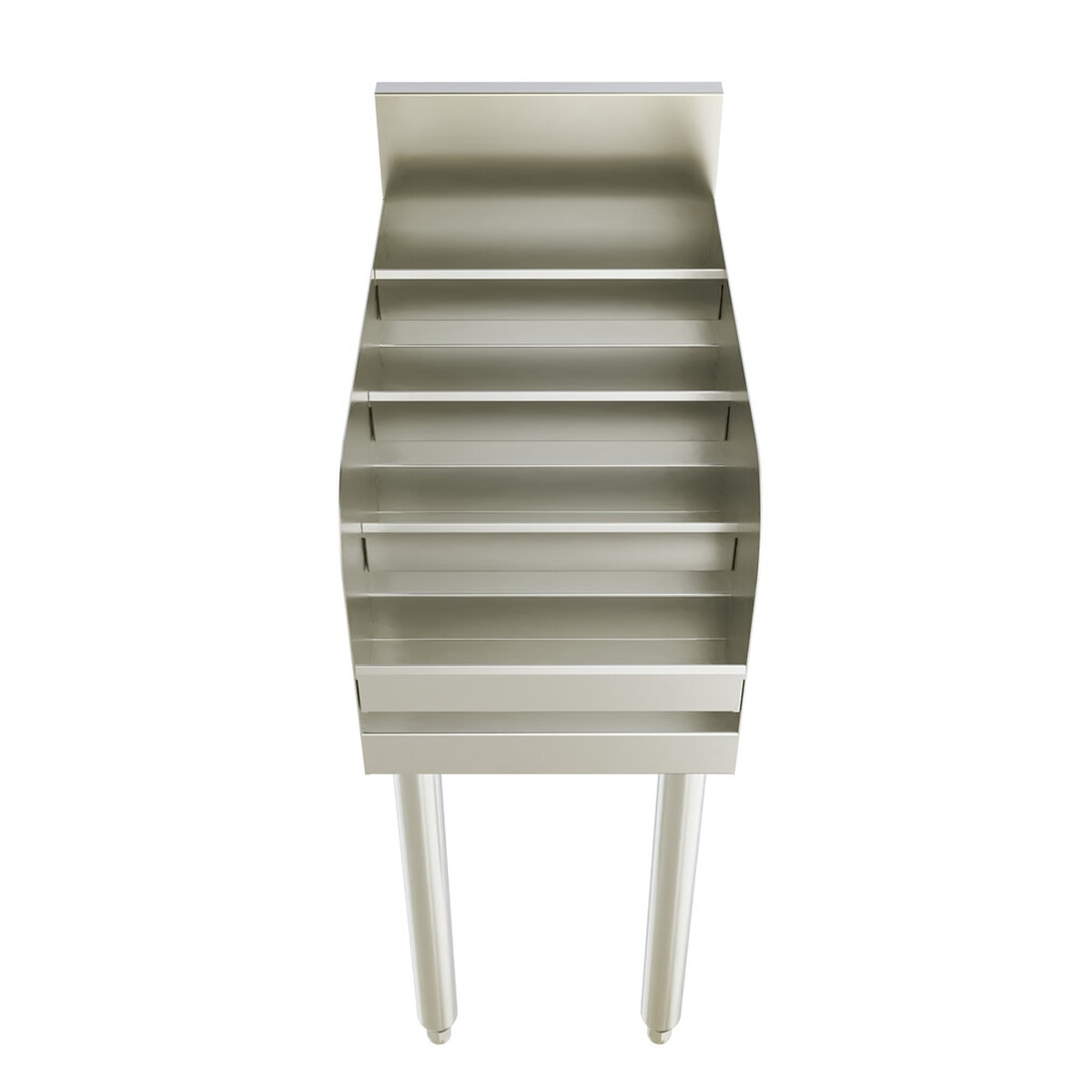 BK Resources UB4-18-LD18 stainless steel liquor display rack, straight-on front view showing four stepped tiers