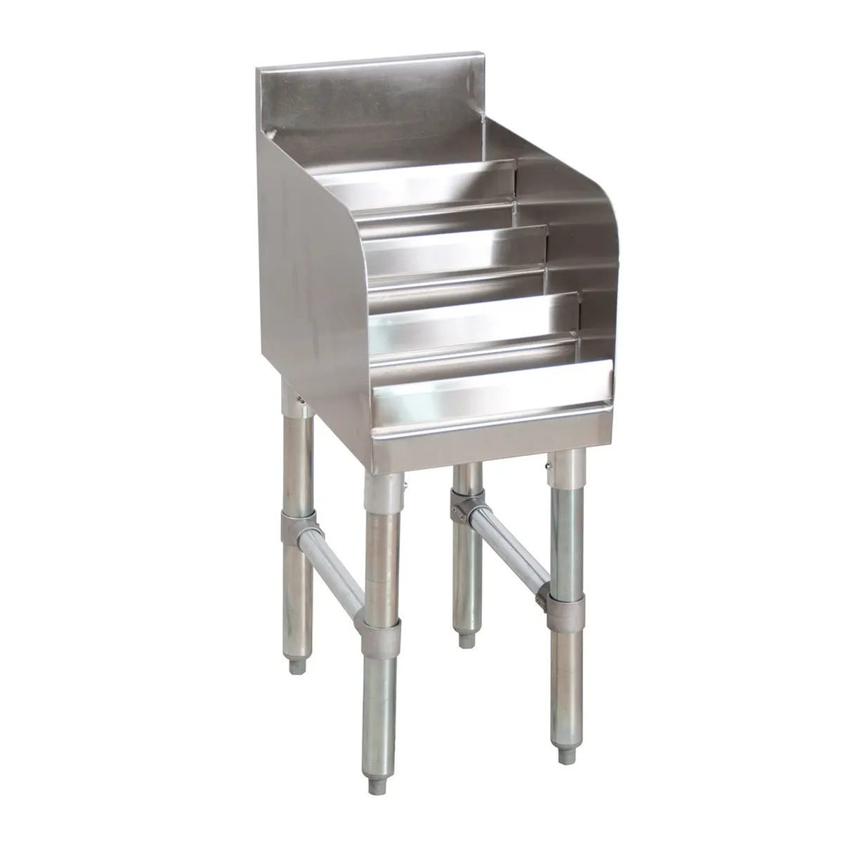 BK Resources UB4-18-LD18 stainless steel 4-step underbar liquor bottle display unit with guard rail and stainless steel legs