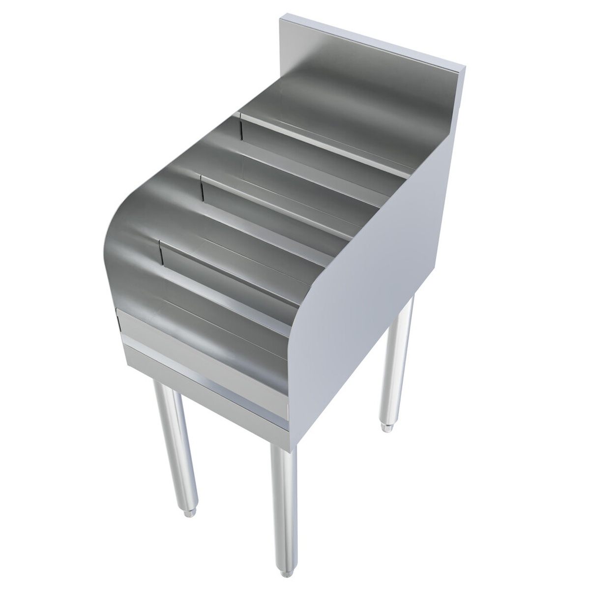 BK Resources UB4-18-LD18 underbar liquor display, angled rear-quarter view showing stainless steel legs and backsplash