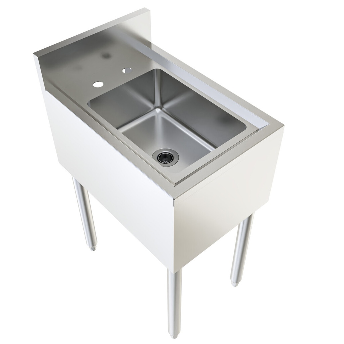 BK Resources UB4-21-1014HSS underbar dump sink angled top-front view showing bowl and stainless steel legs