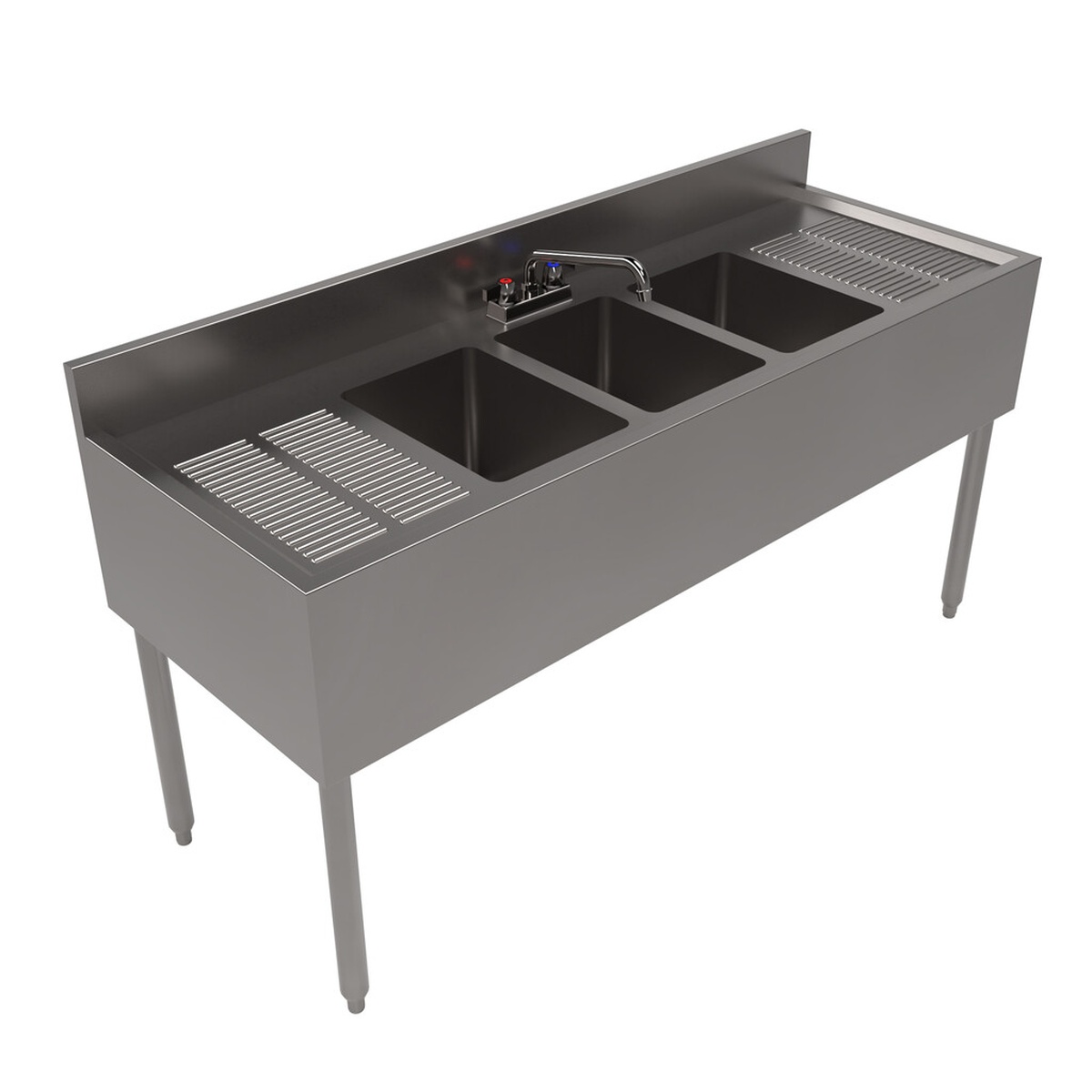 BK Resources UB4-21-360TS three-compartment underbar sink angled front view showing faucet and dual drainboards