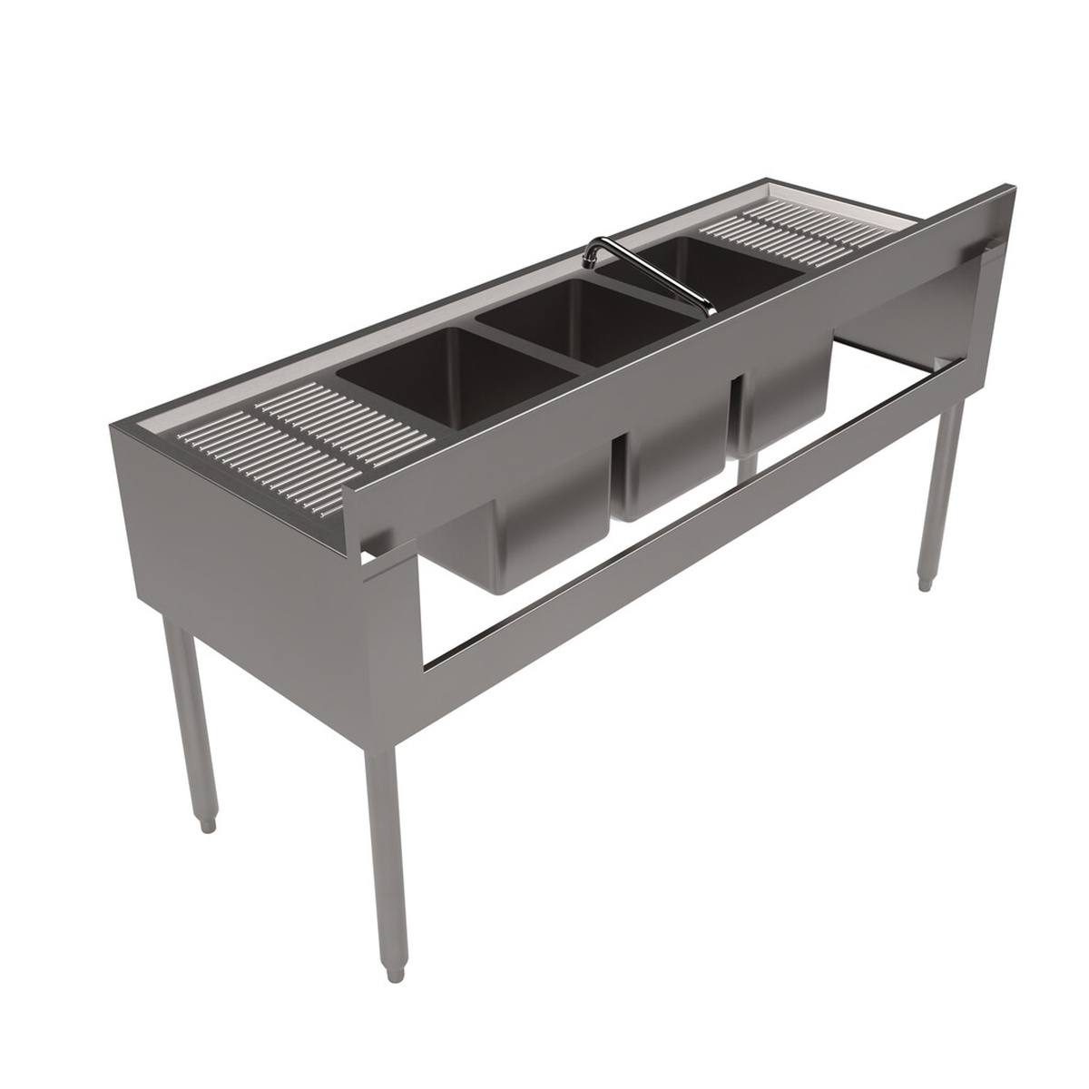 BK Resources UB4-21-360TS rear angled view showing stainless steel legs, adjustable bracing, and open understructure