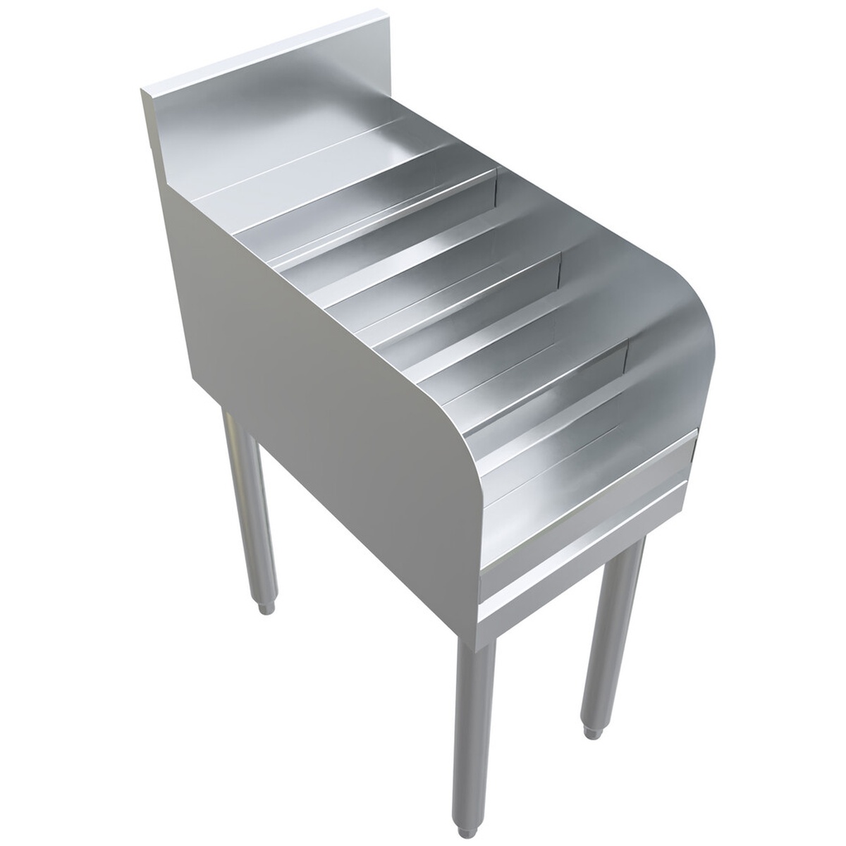 BK Resources UB4-21-LD12 4-step liquor display rack, angled front view showing tiered shelves and stainless legs