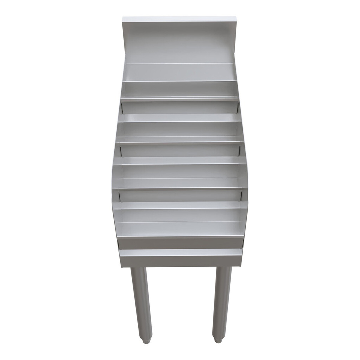 BK Resources UB4-21-LD12 front-on view showing four-step shelf tiers and stainless steel leg base
