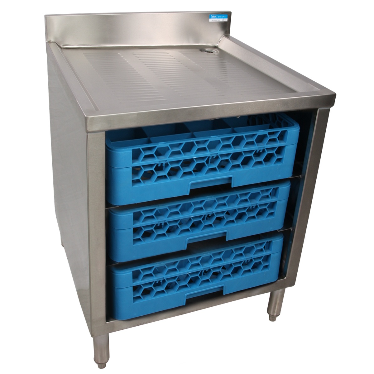 BK Resources stainless steel underbar unit with blue glass rack inserts on stainless legs