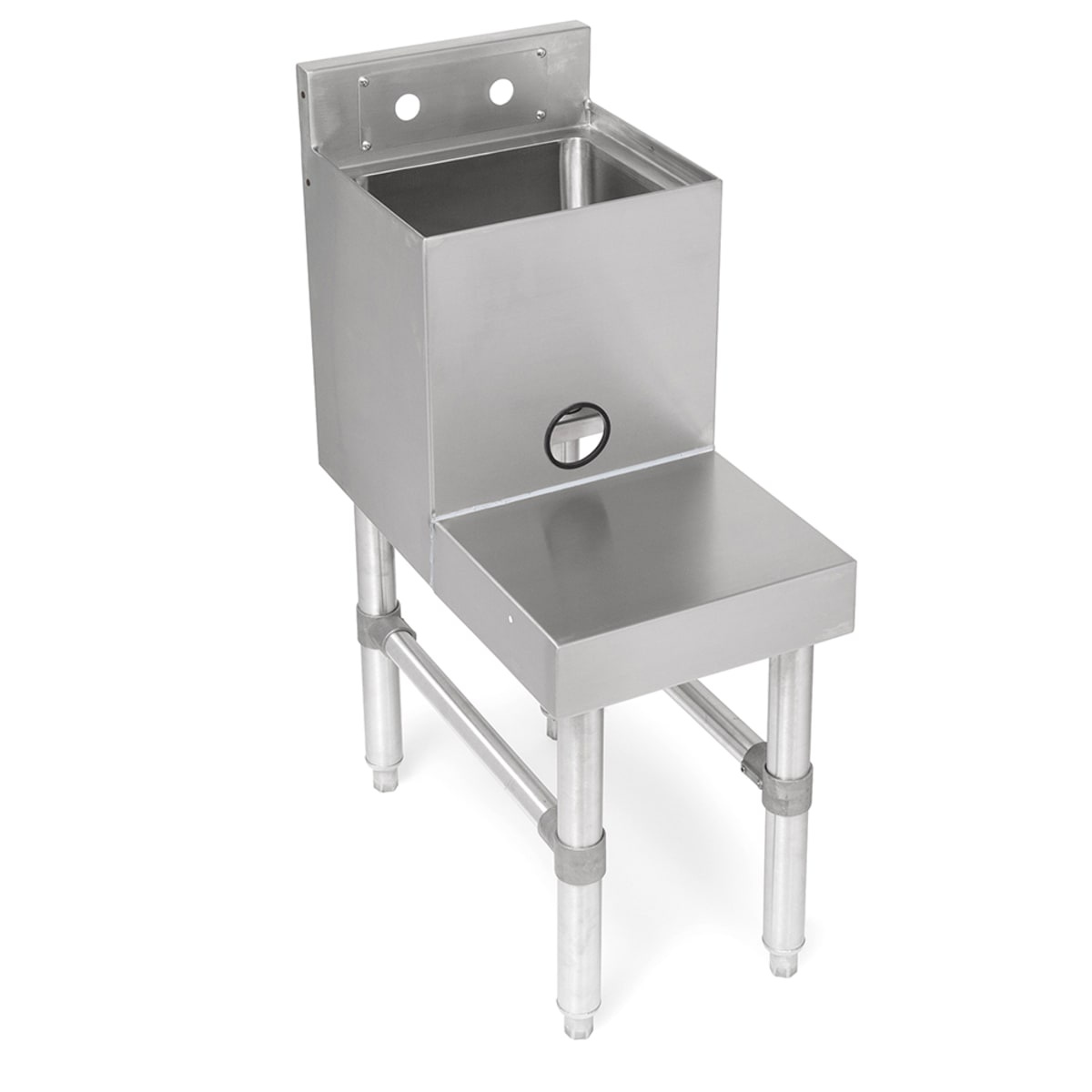 John Boos UBBS-2112-X stainless steel underbar blender station with dump sink, integrated blender shelf, backsplash, and adjustable bullet feet