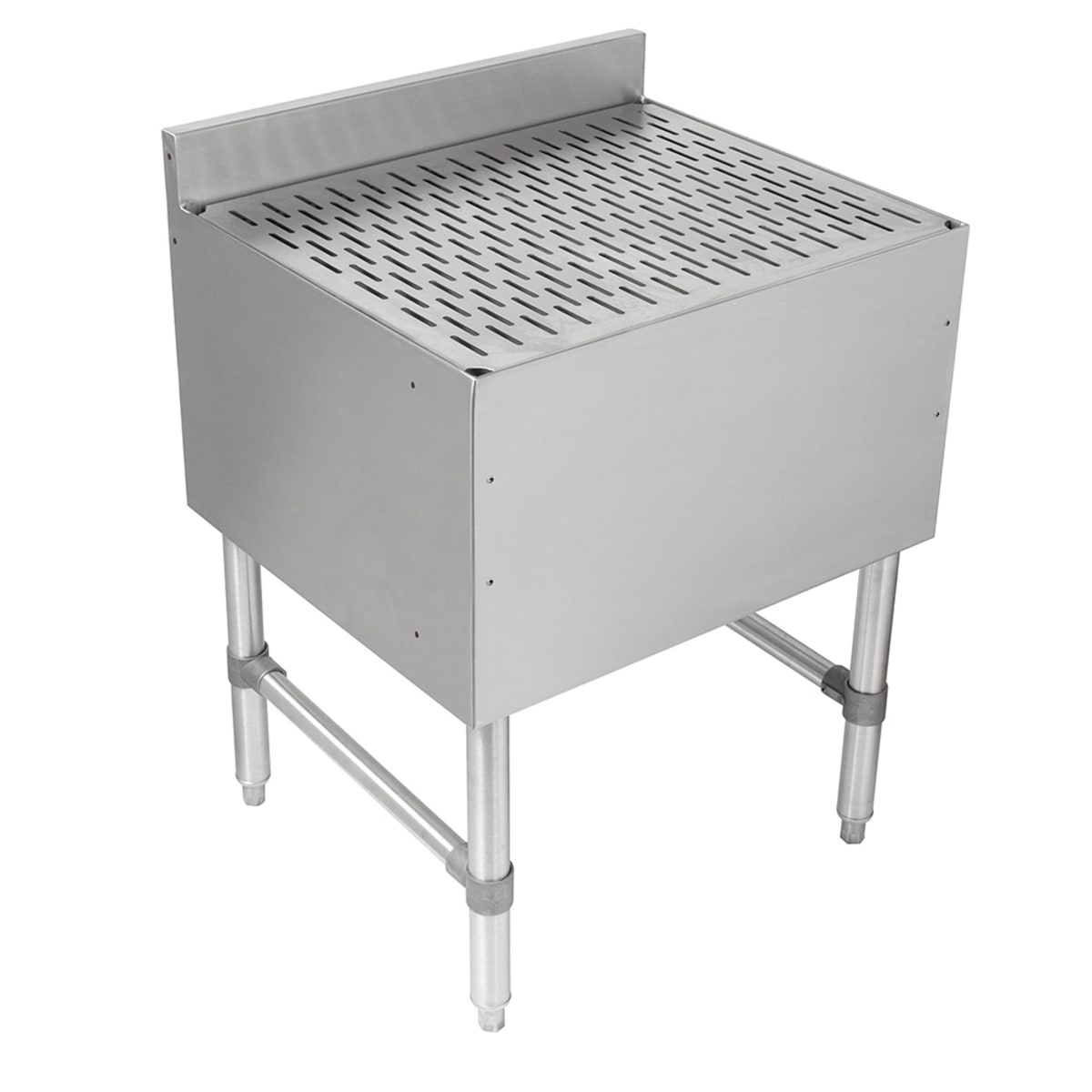John Boos UBDB-2136-X freestanding stainless steel underbar drainboard with perforated top insert, 3-inch backsplash, and adjustable bullet feet