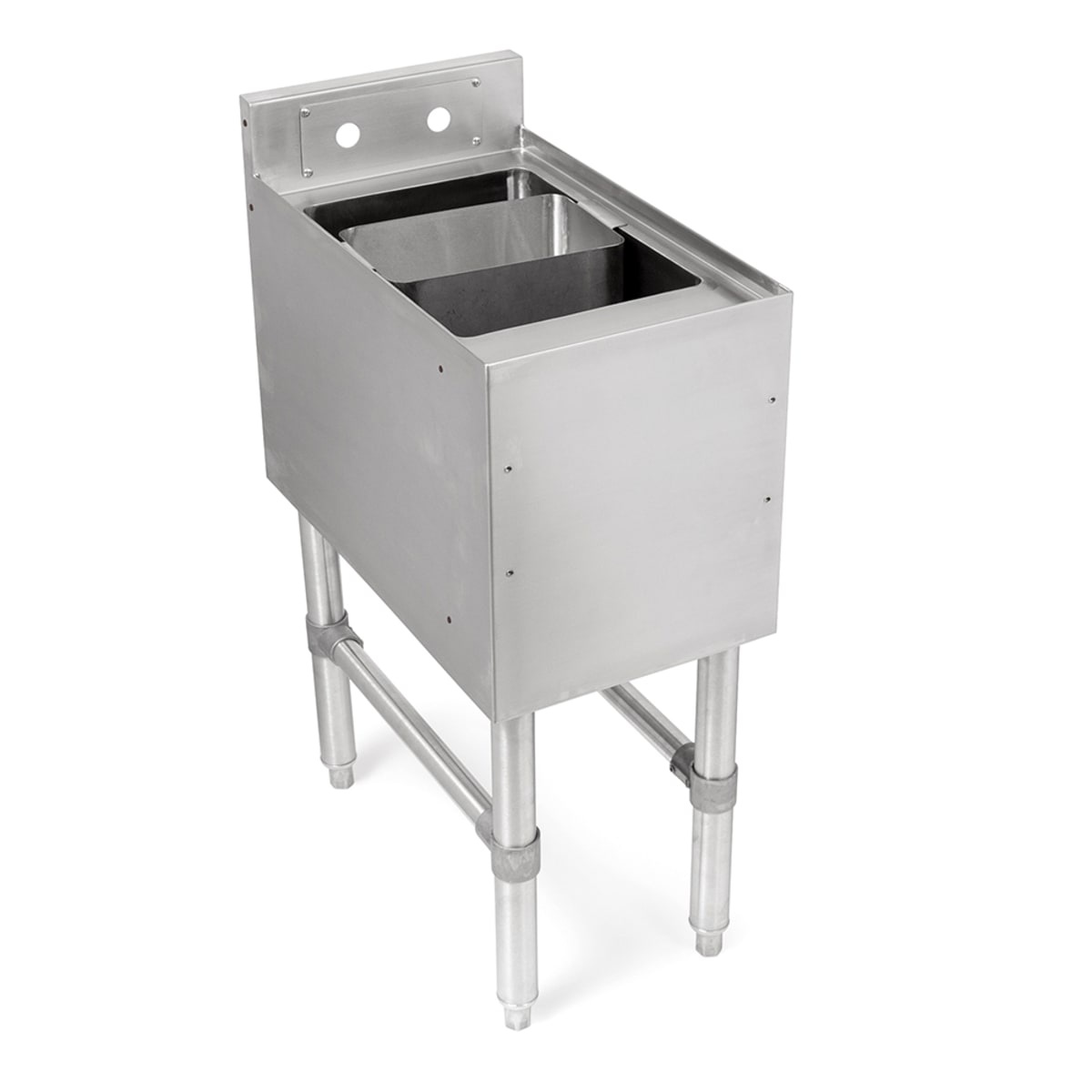 John Boos UBDS-1812-X freestanding underbar dump sink with stainless steel legs and backsplash, angled view