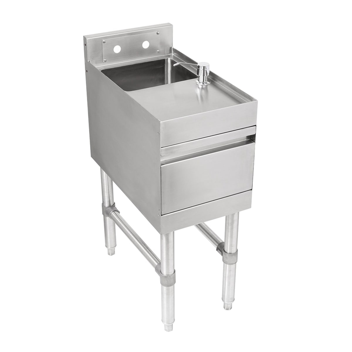 John Boos UBHS-1812-X Slim-Line underbar hand sink with stainless steel legs, soap dispenser, and towel dispenser