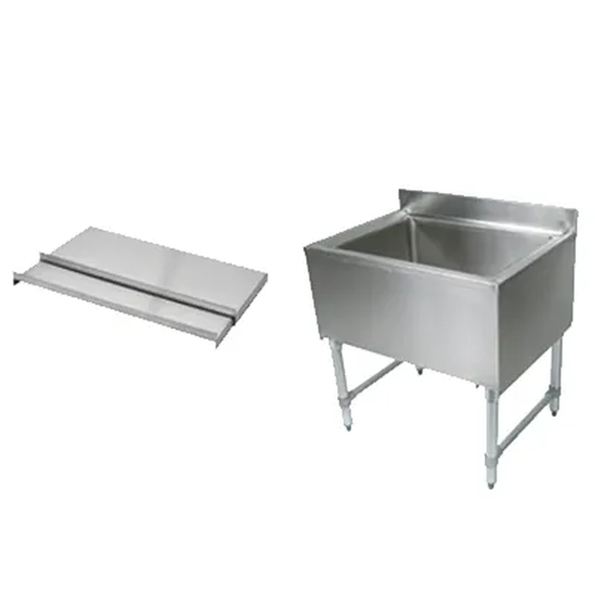 John Boos UBIB-1824 stainless steel underbar ice bin with 2-piece sliding lid shown alongside the unit