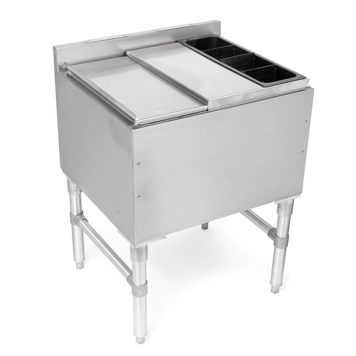 John Boos UBIB-2130-CP7-X 30-inch stainless steel underbar ice bin and cocktail unit with two-piece sliding lid, 7-circuit cold plate, stainless steel legs and bullet feet
