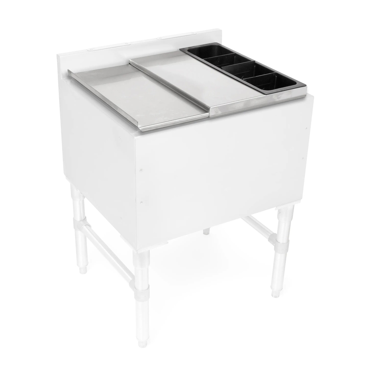 John Boos UBIBL-2136-BWH-X slim-line stainless steel underbar ice bin cocktail unit lid with sliding panel and bottle well holder