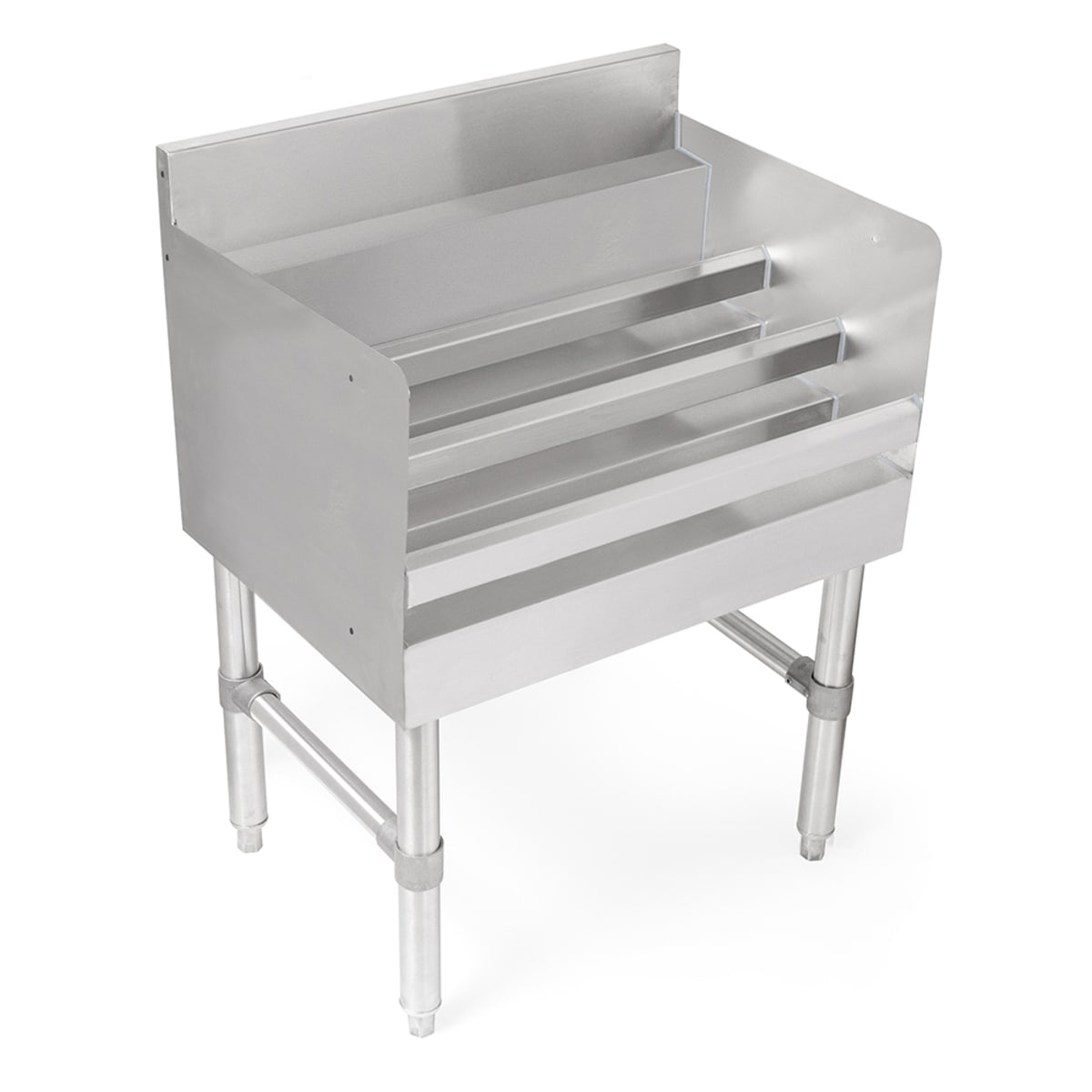 John Boos UBLD-1818-X three-tier stainless steel underbar liquor display unit with adjustable bullet feet and front-to-back bracing
