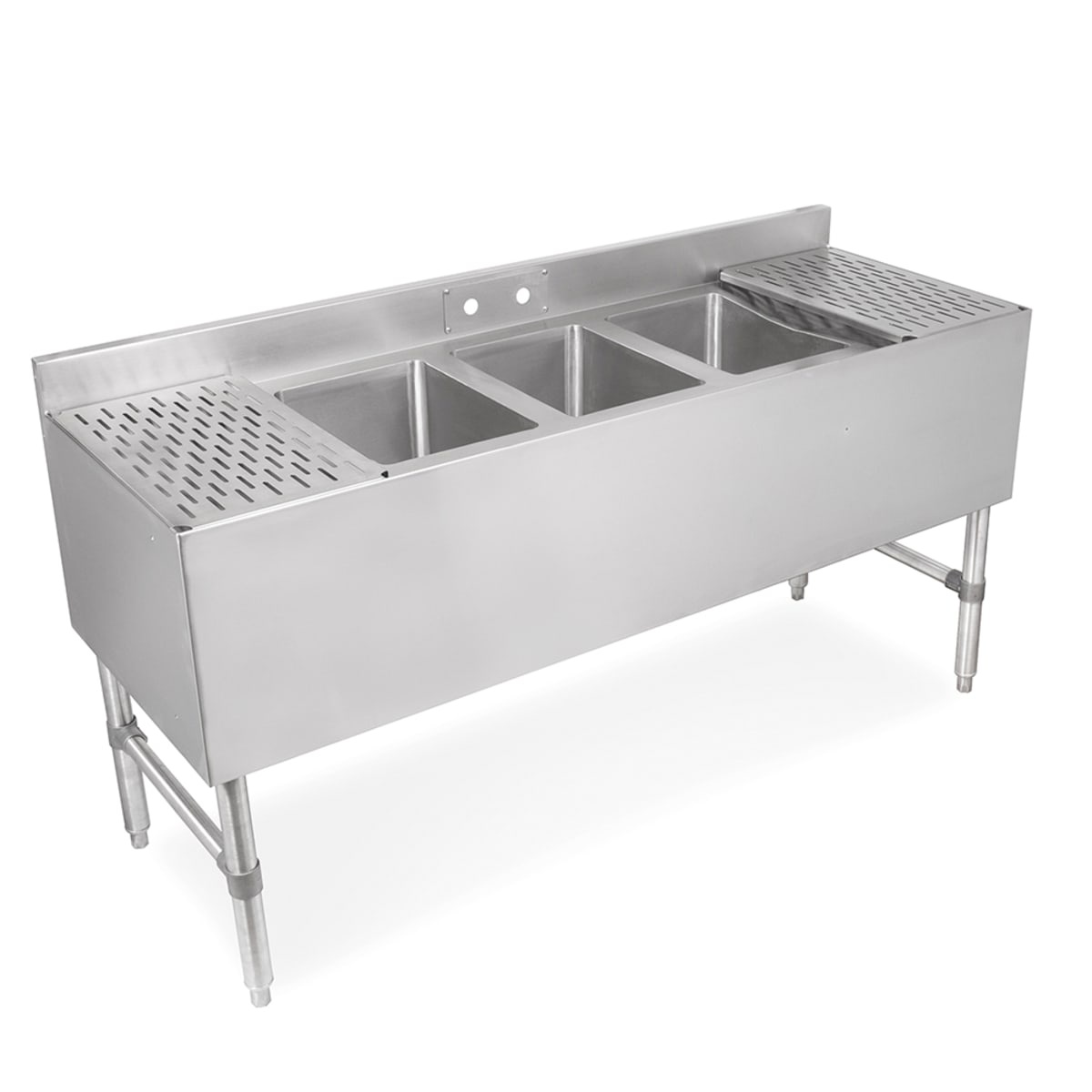 John Boos UBS3-1860-2D12-X stainless steel 3-compartment underbar sink with dual perforated drainboards on white background
