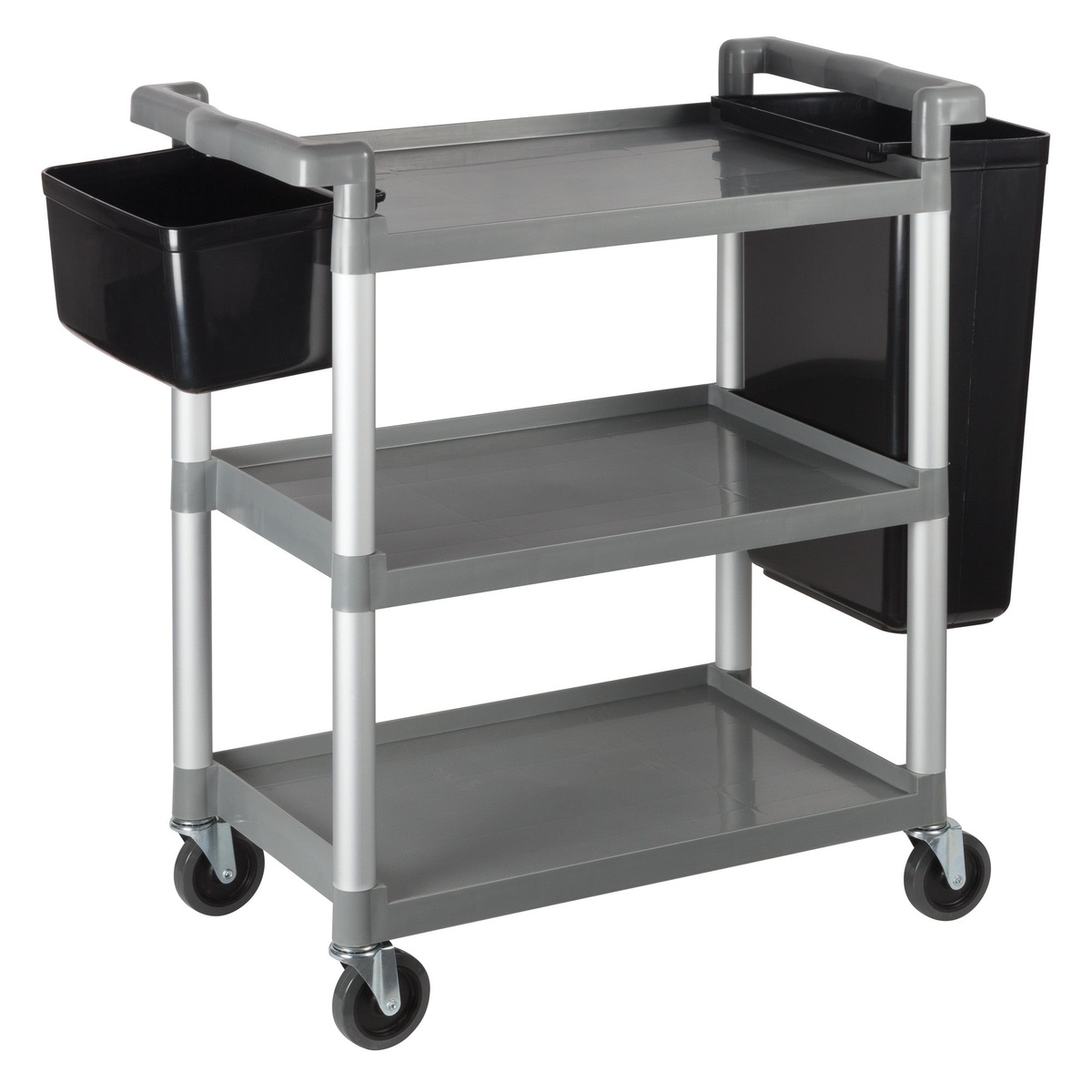 Winco UC-2415G gray utility cart shown with optional black side-mount bins attached to uprights