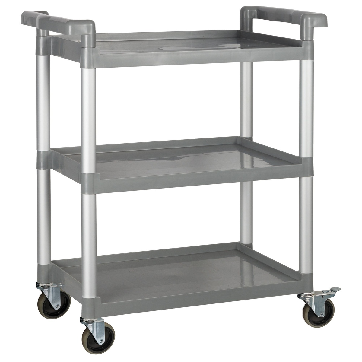 Winco UC-2415G gray 3-tier polypropylene utility cart with aluminum uprights and four swivel casters
