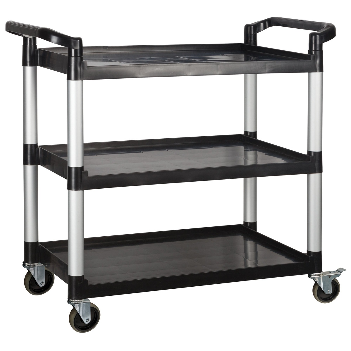 Winco UC-3019K black 3-tier utility cart with aluminum posts and four swivel casters on white background