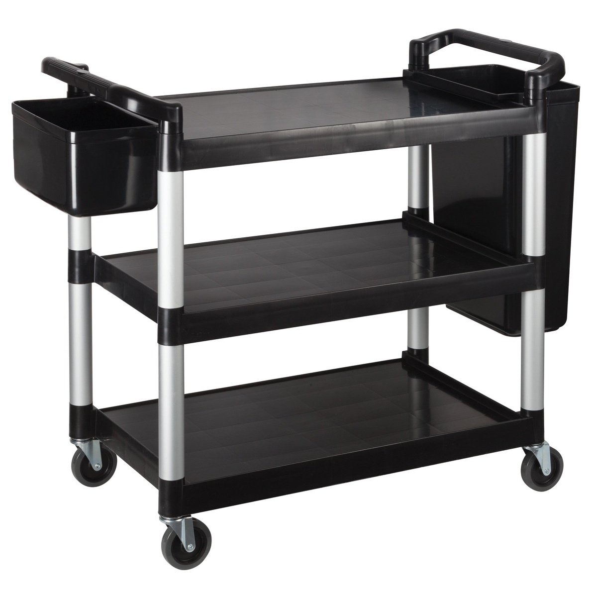 Winco UC-3019K black utility cart shown with two side-mounted accessory bins attached to the frame