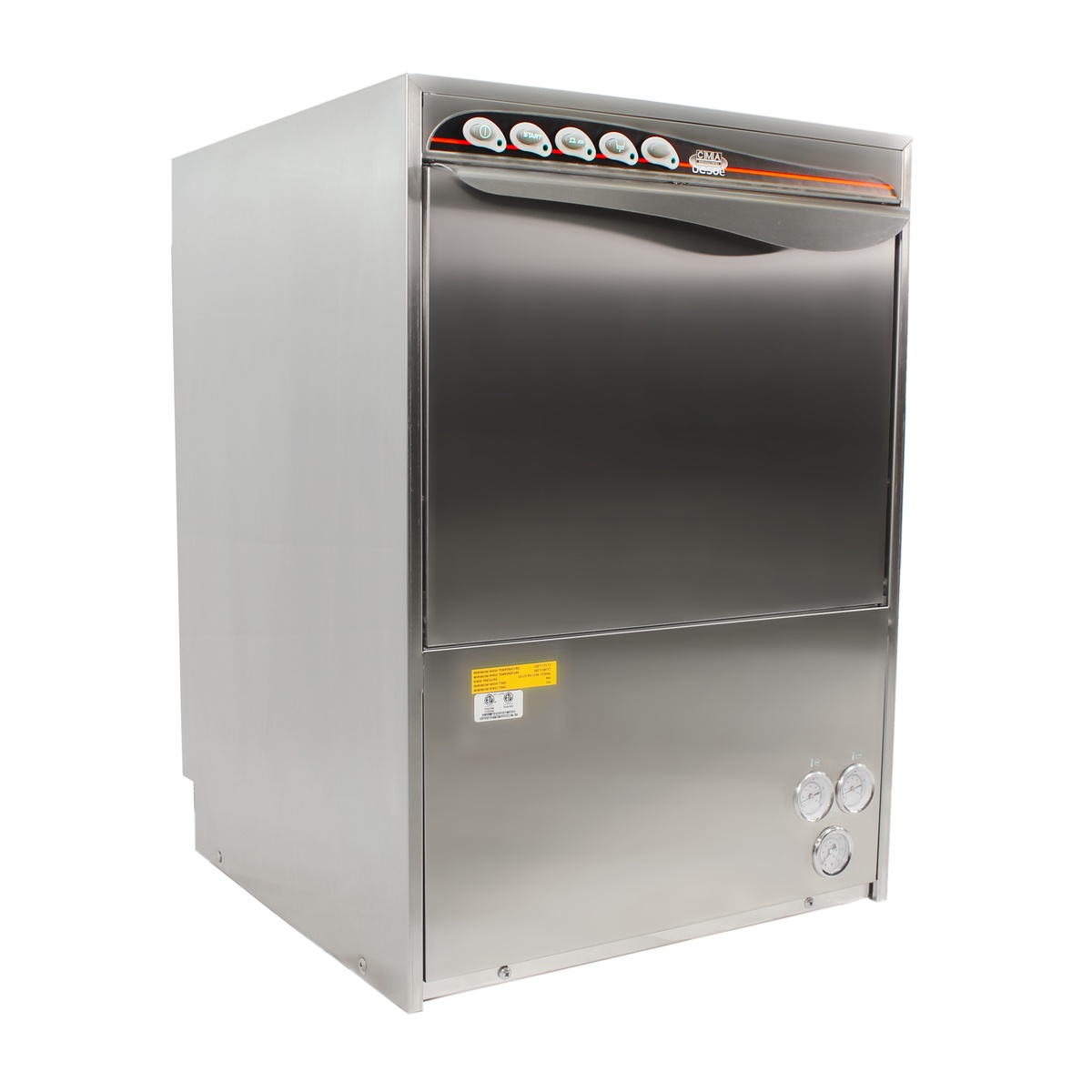 Front view of CMA UC50E stainless steel undercounter dishwasher with closed door