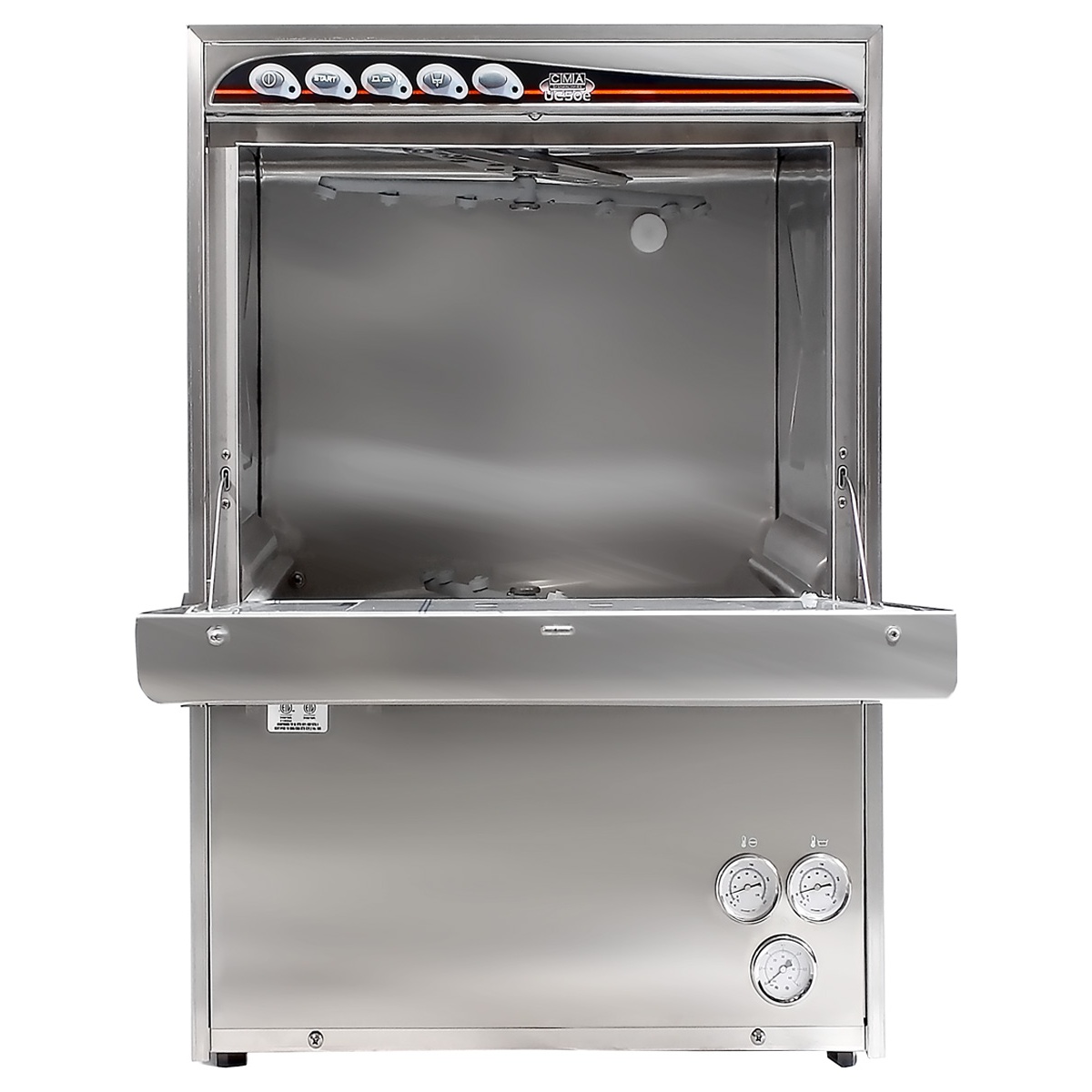 CMA UC50E undercounter dishwasher with door open showing interior wash chamber