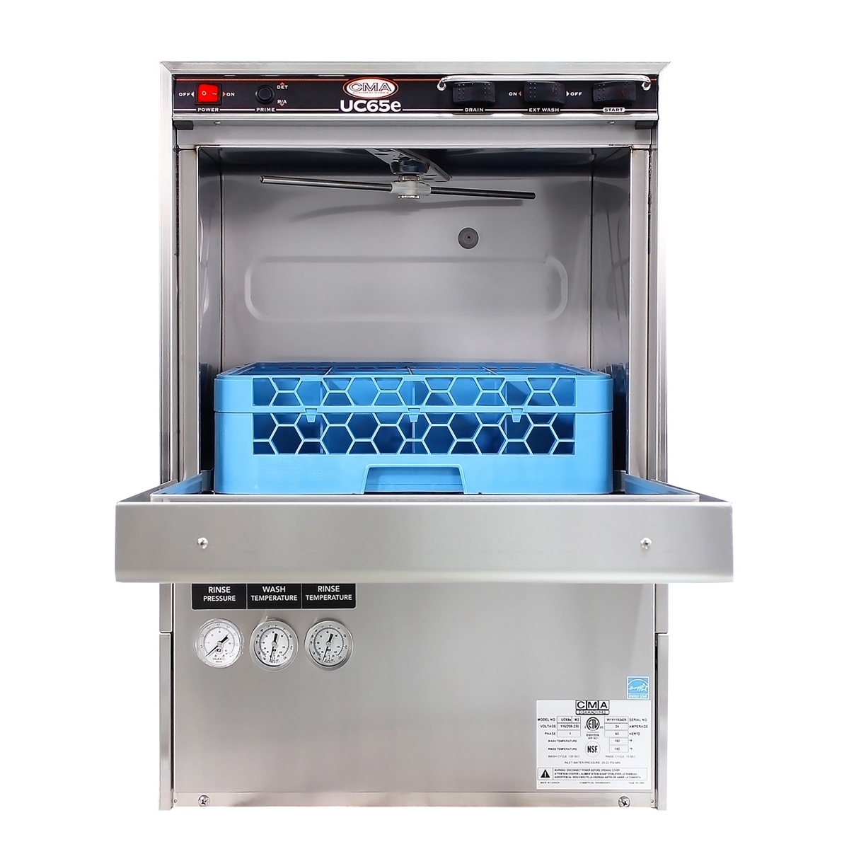 Front view of CMA UC65E undercounter dishwasher with door open and rack inside