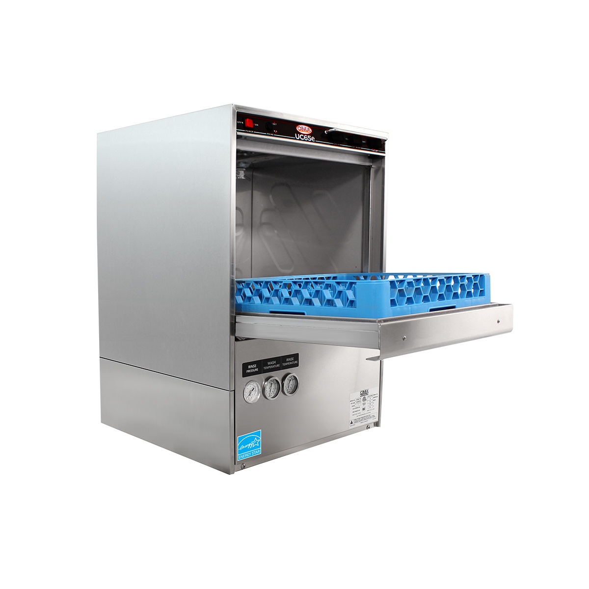 Angled view of CMA UC65E undercounter dishwasher with rack extended