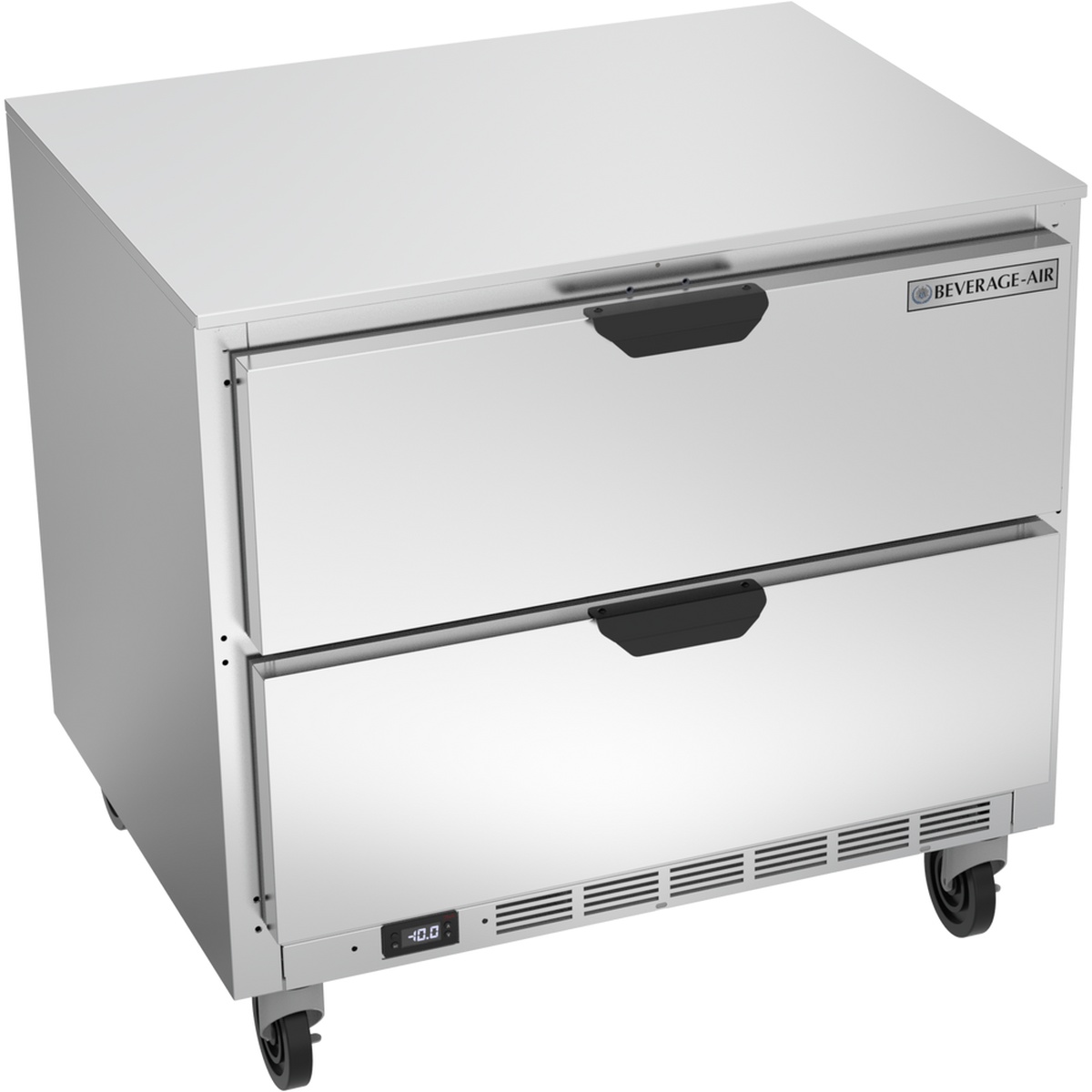 Beverage-Air UCFD36AHC-2 undercounter two-drawer freezer, angled front view with closed drawers and digital temperature display