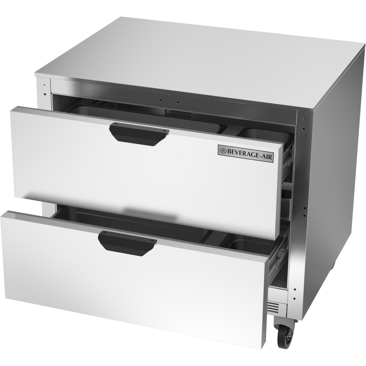 Beverage-Air UCFD36AHC-2 undercounter freezer with both stainless steel drawers pulled open showing interior pan capacity