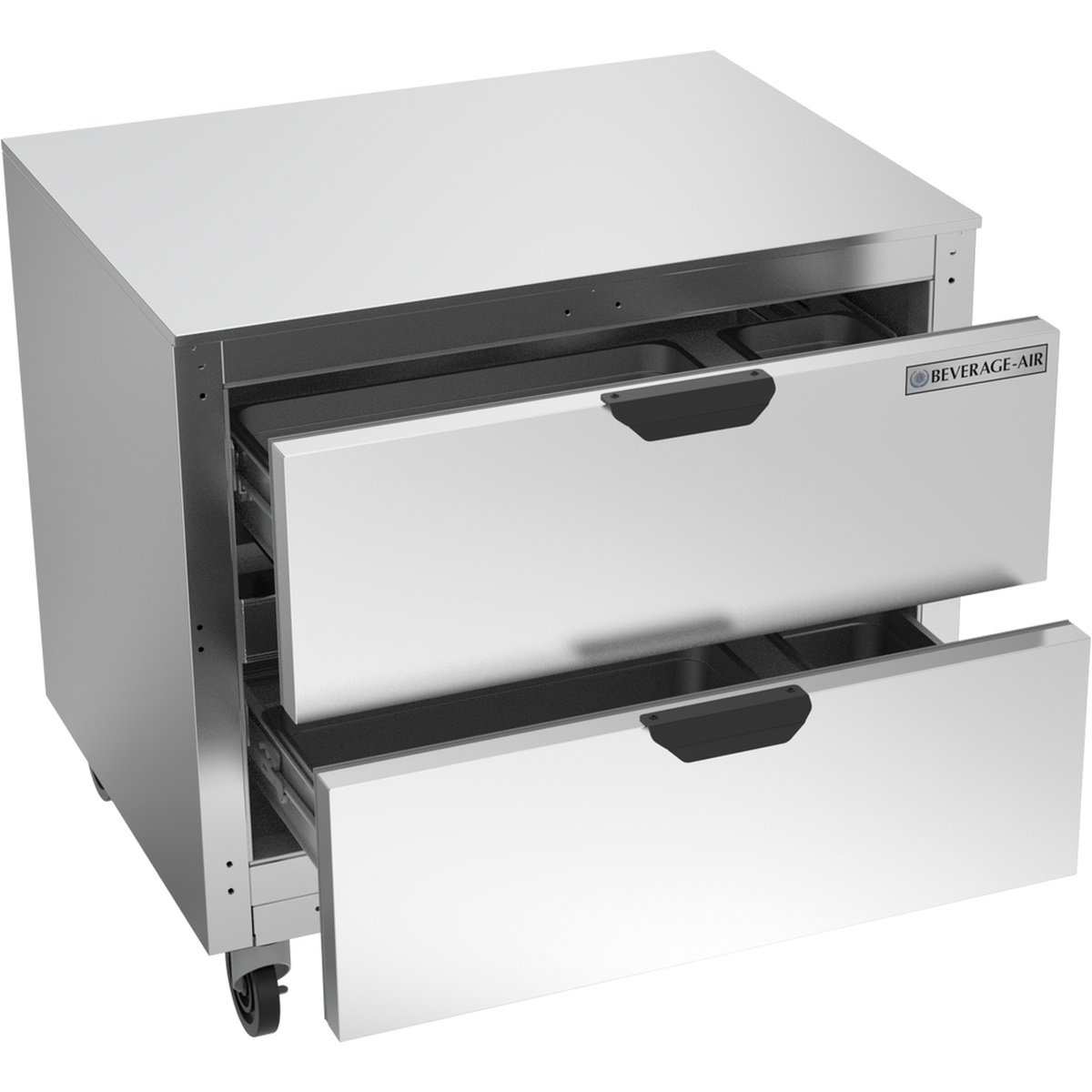 Beverage-Air UCFD36AHC-2 undercounter freezer with both drawers open, showing interior liner, drawer slides, and caster base