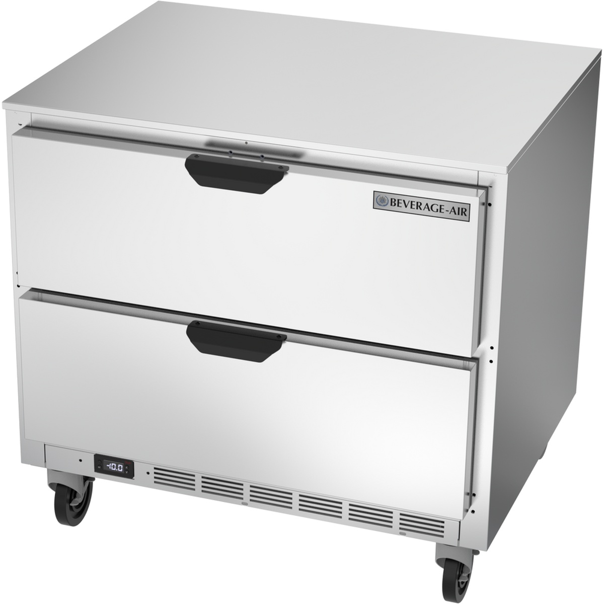 Beverage-Air UCFD36AHC-2 undercounter freezer, direct front view with closed drawers, casters, and front venting grille visible
