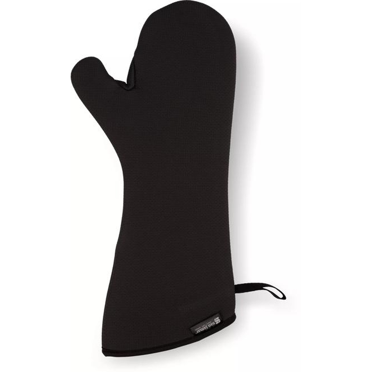 Reverse view of the black San Jamar UltiGrips conventional oven mitt showing full length