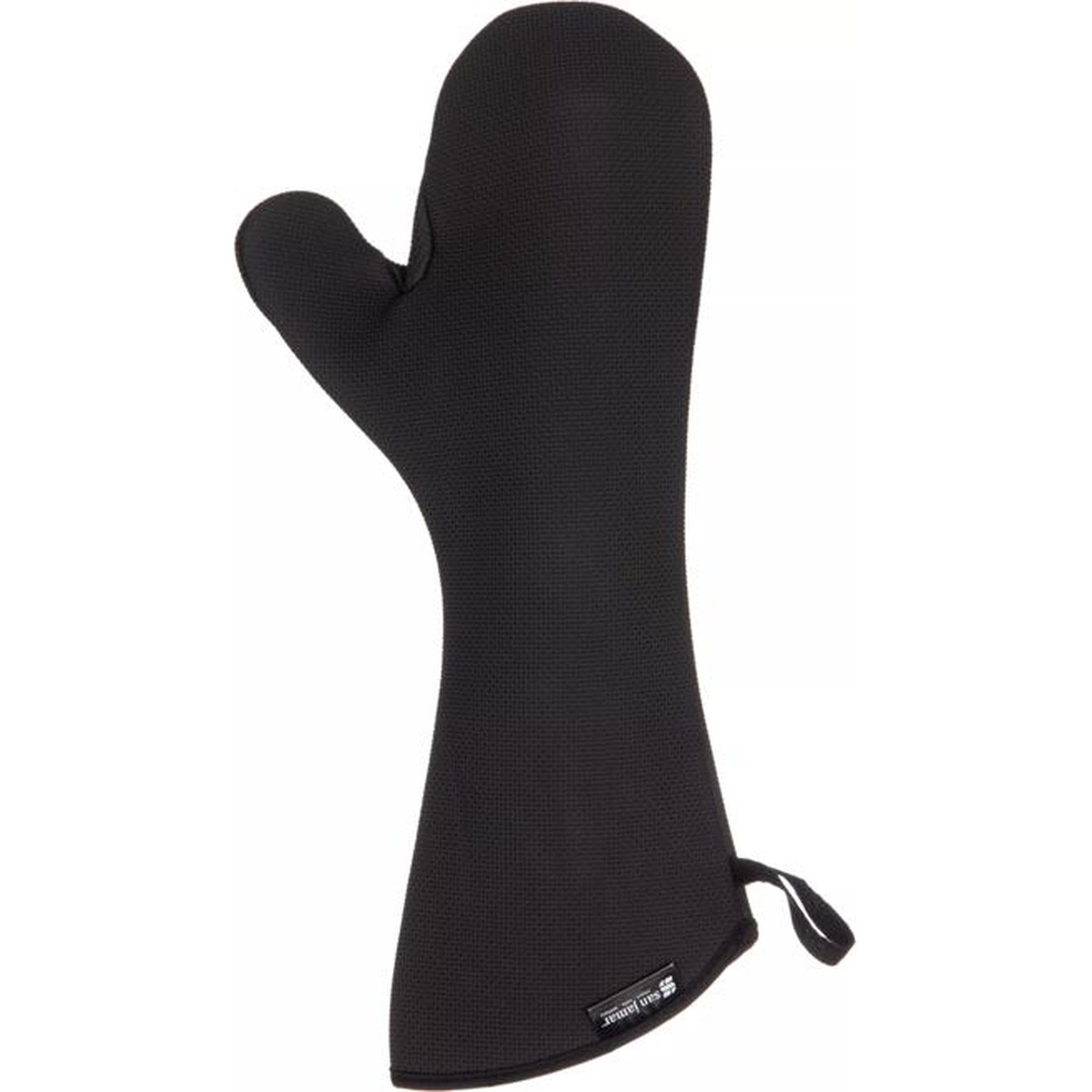 Front view of the black San Jamar UltiGrips conventional oven mitt with hang loop