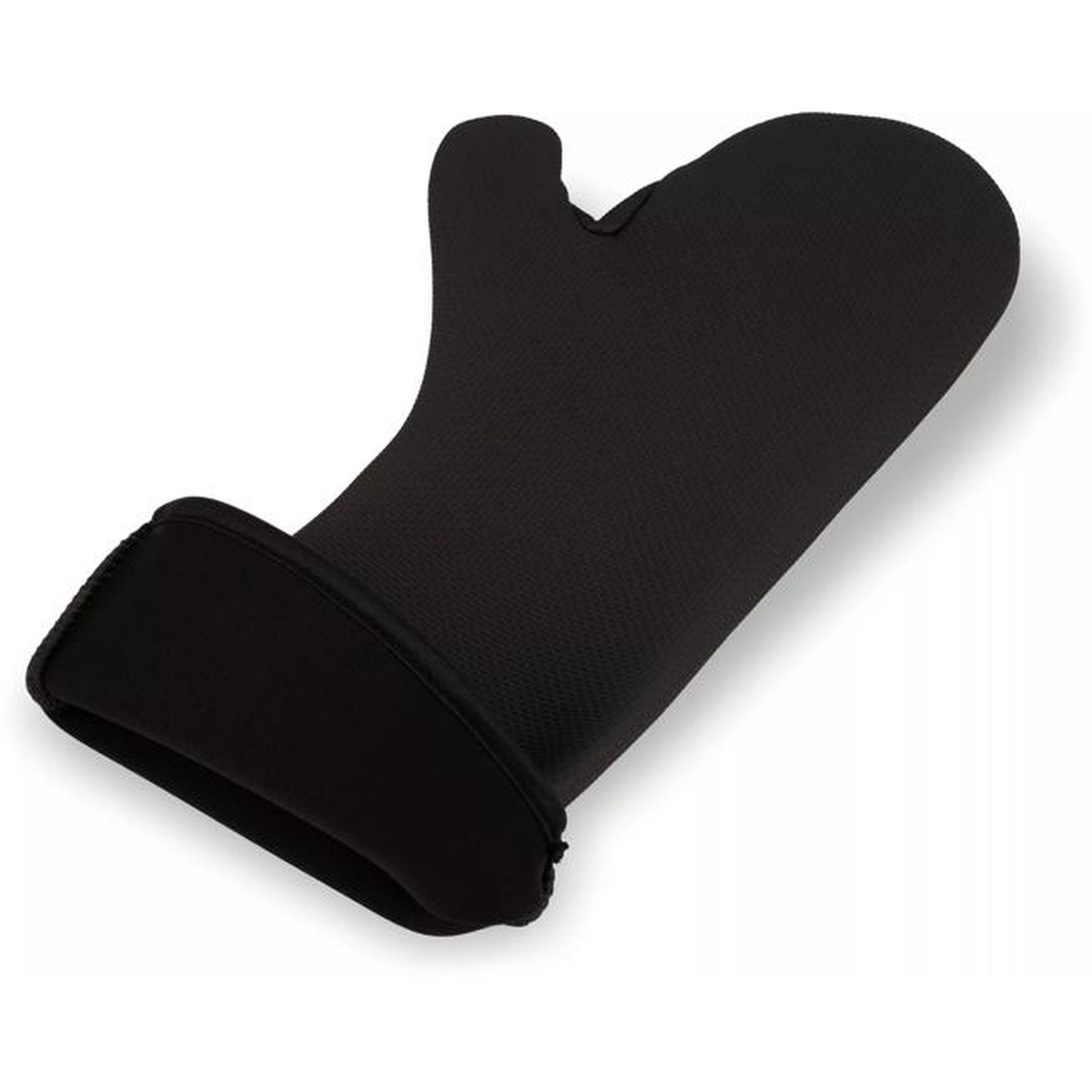 Side profile view of the black San Jamar UltiGrips conventional oven mitt showing padded cuff