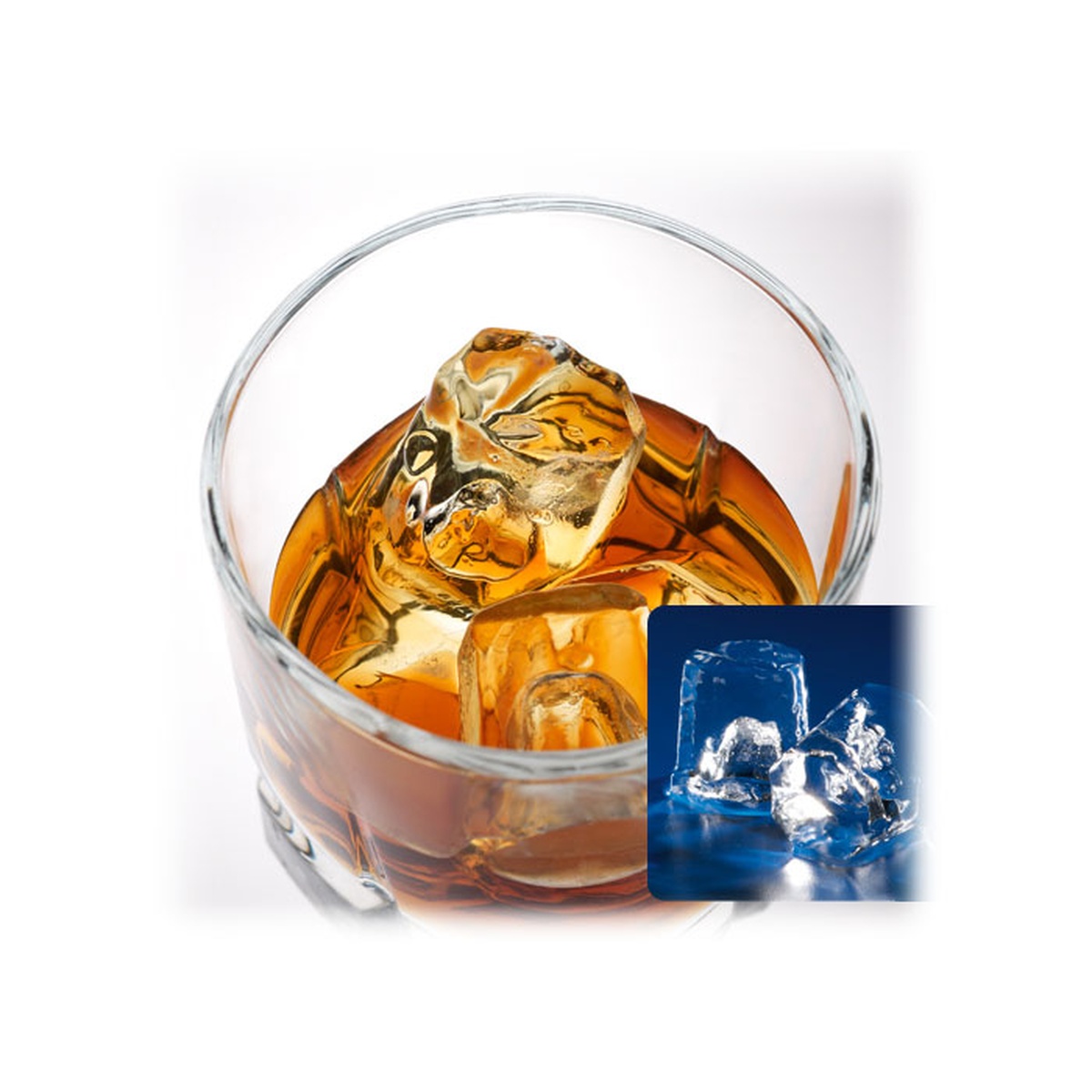 Close up of clear octagonal gourmet ice cubes in a glass of amber liquid