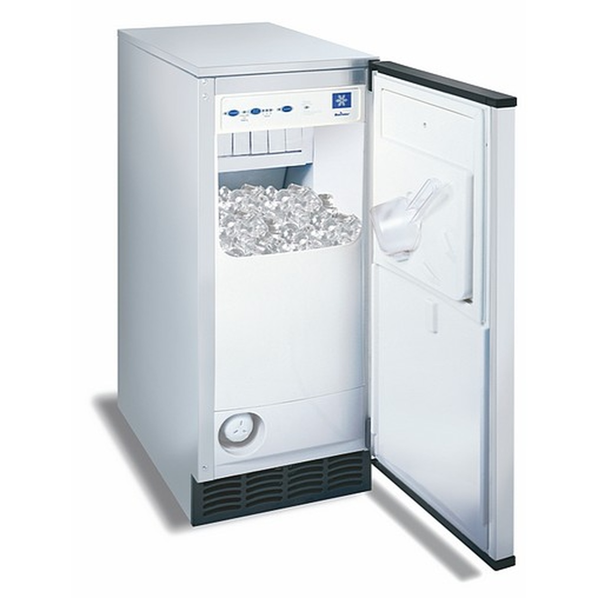Open door of the Manitowoc ice machine showing the illuminated 25 pound storage bin and ice scoop