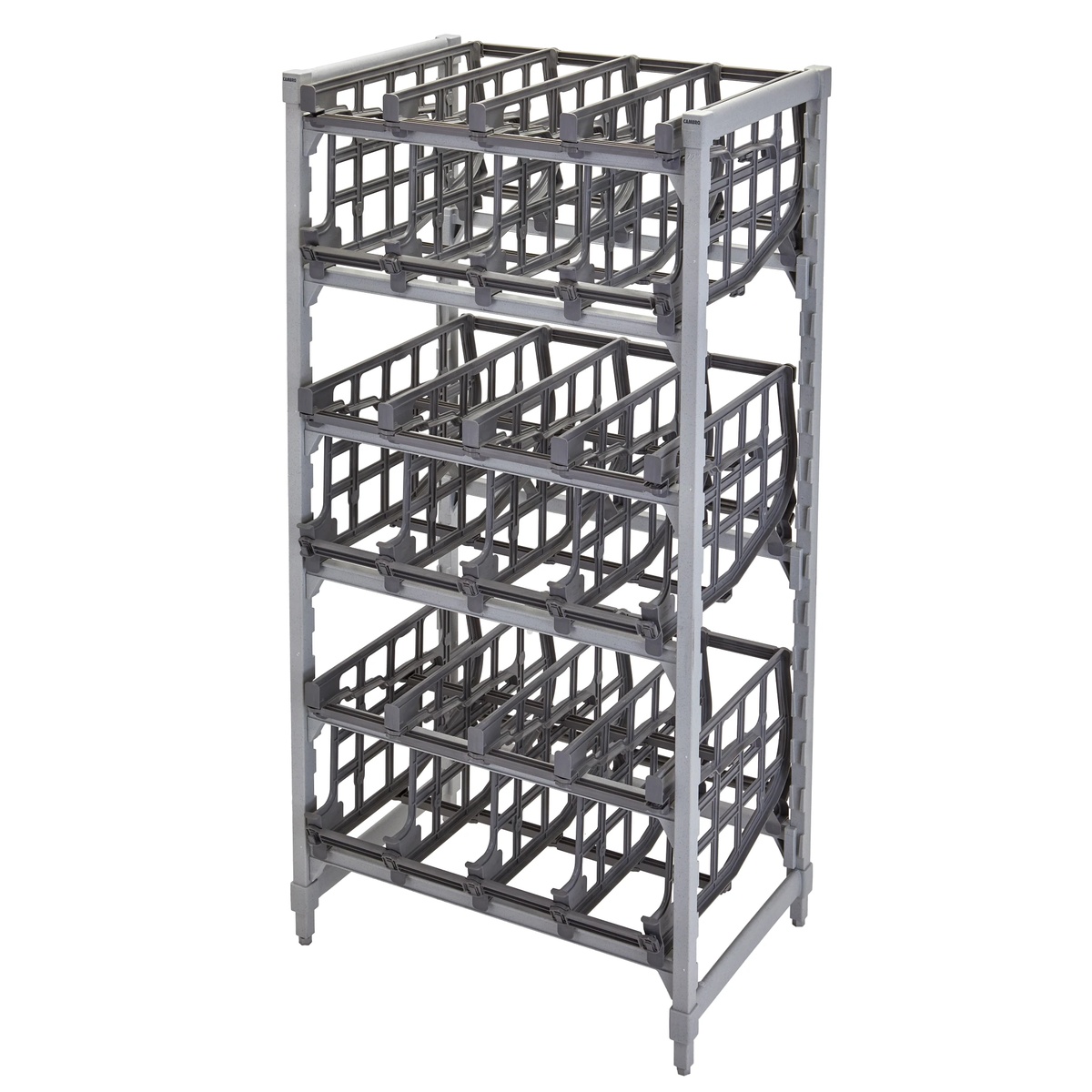 Cambro Camshelving can rack unit structure showing modular plastic frame and tier brackets
