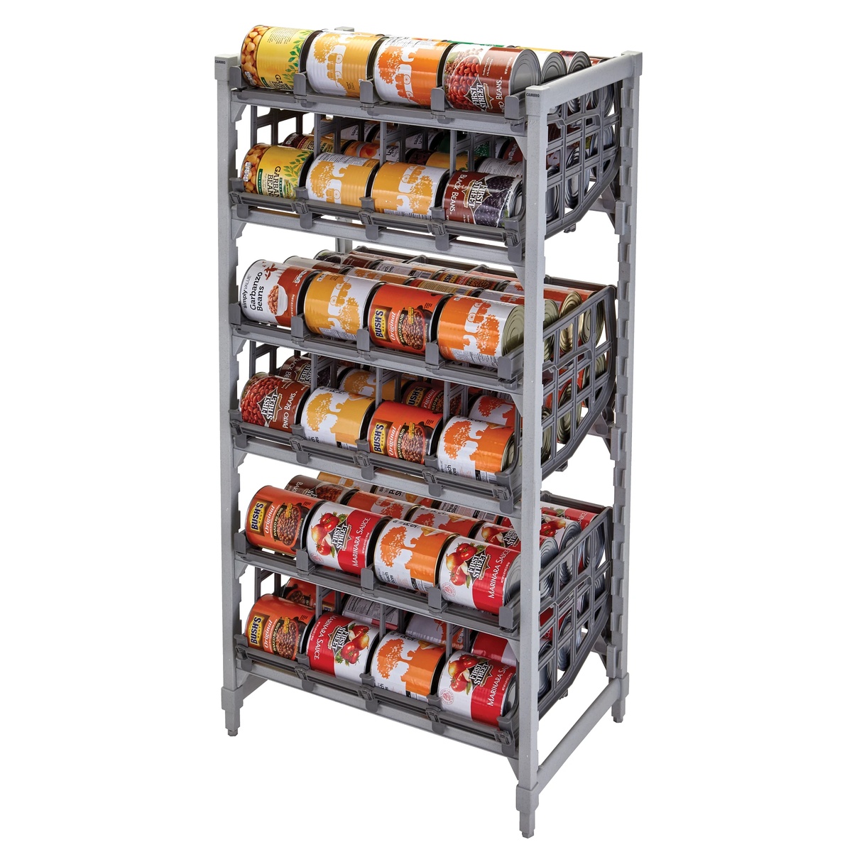 Cambro Camshelving multi-tier can rack unit fully loaded with assorted #10 cans