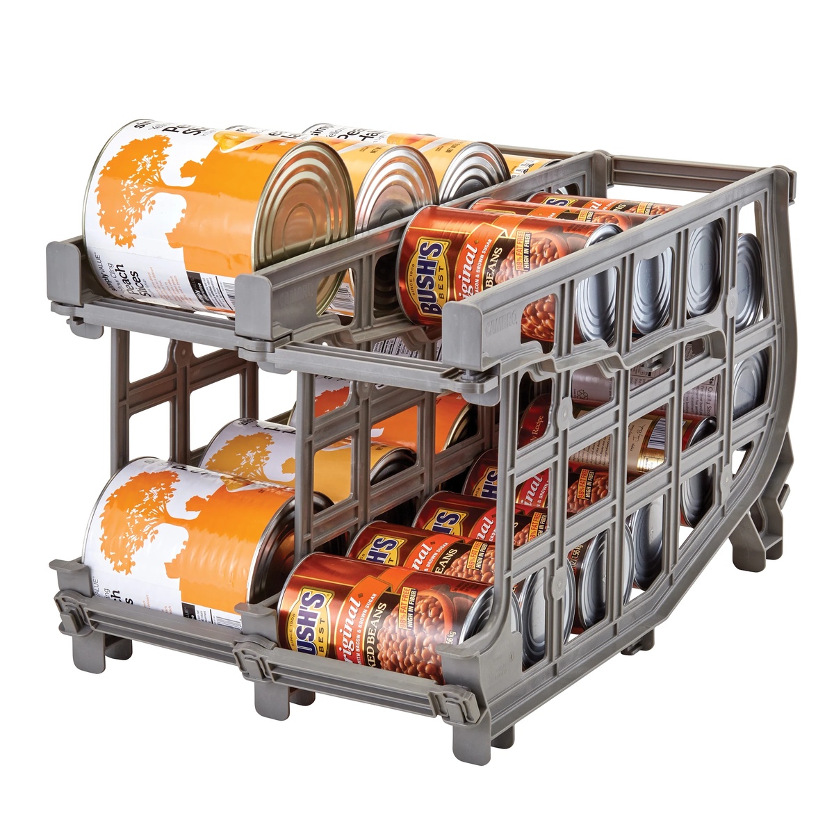 Cambro UCR10R8580 single #10 can rack loaded with #10 cans in brushed graphite finish