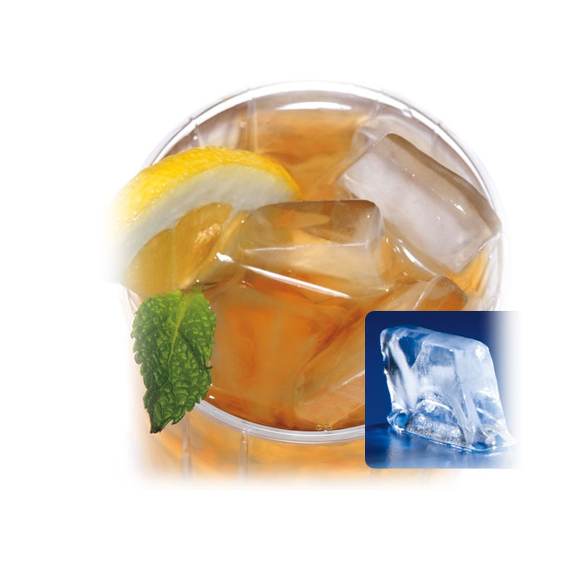 Half dice ice cubes shown in an iced tea glass with lemon and mint, with a close-up of a single half dice cube